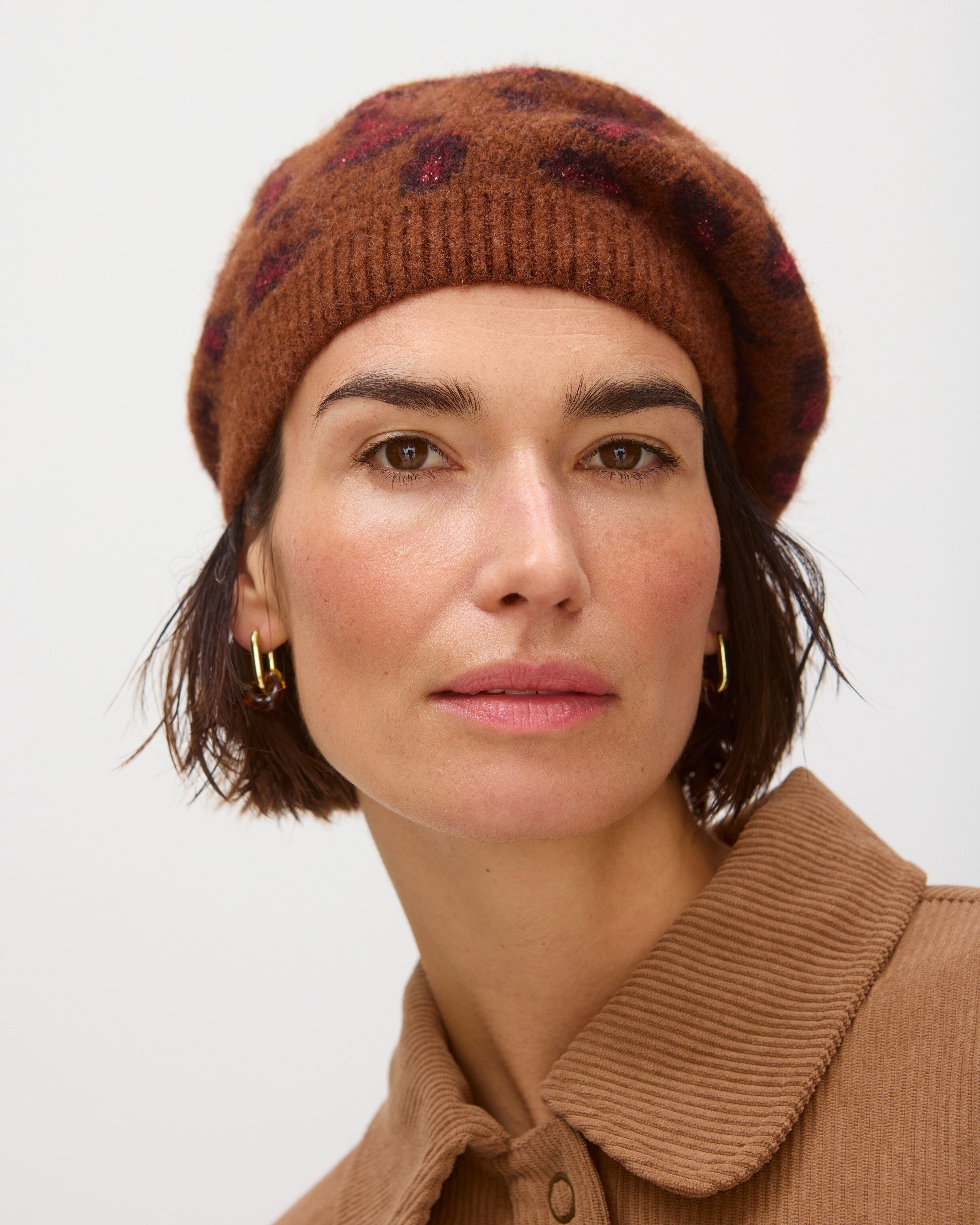 Brown Animal Print Knitted Beret Hat Oliver Bonas