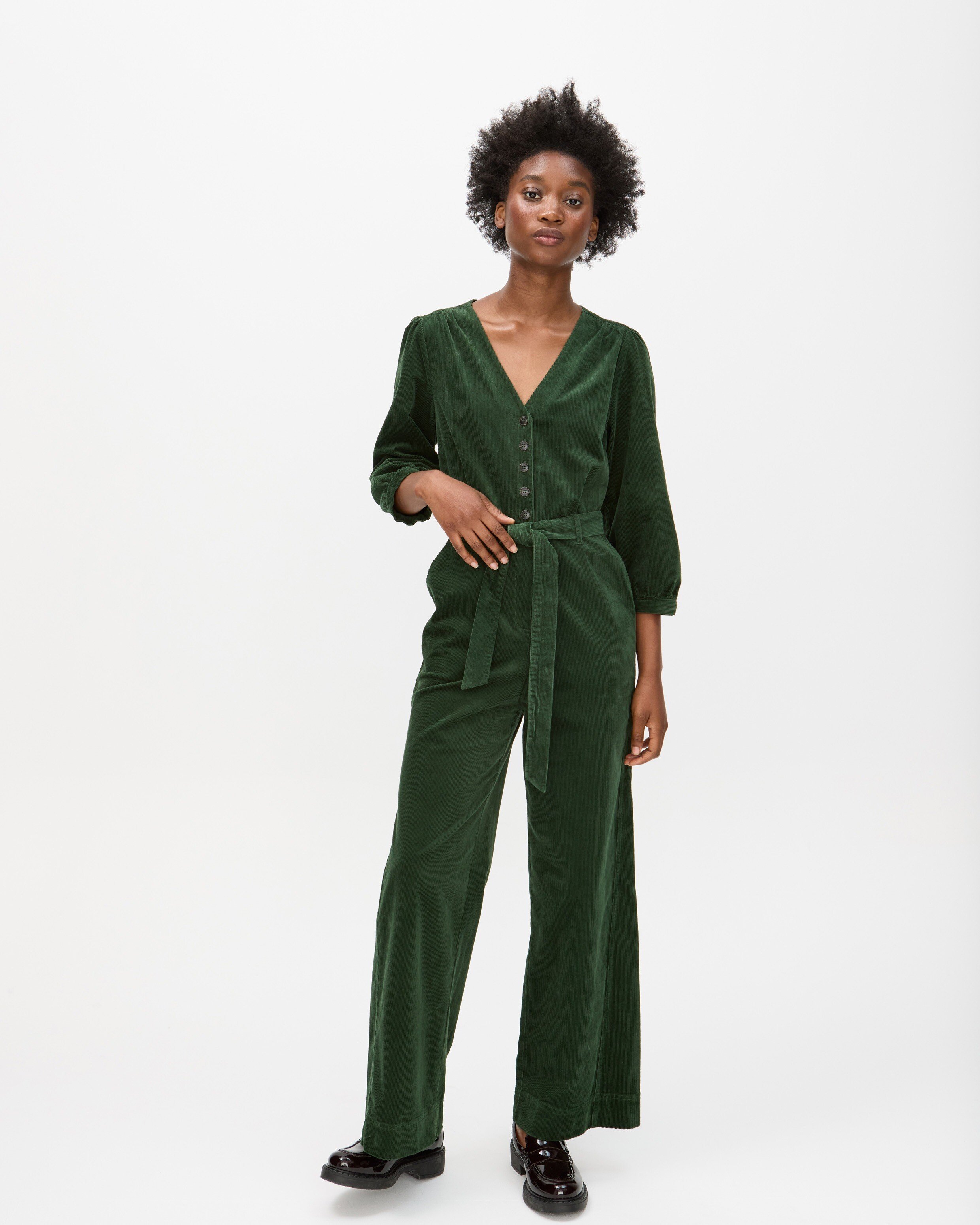Green Corduroy V-Neck Tie Waist Jumpsuit Oliver Bonas