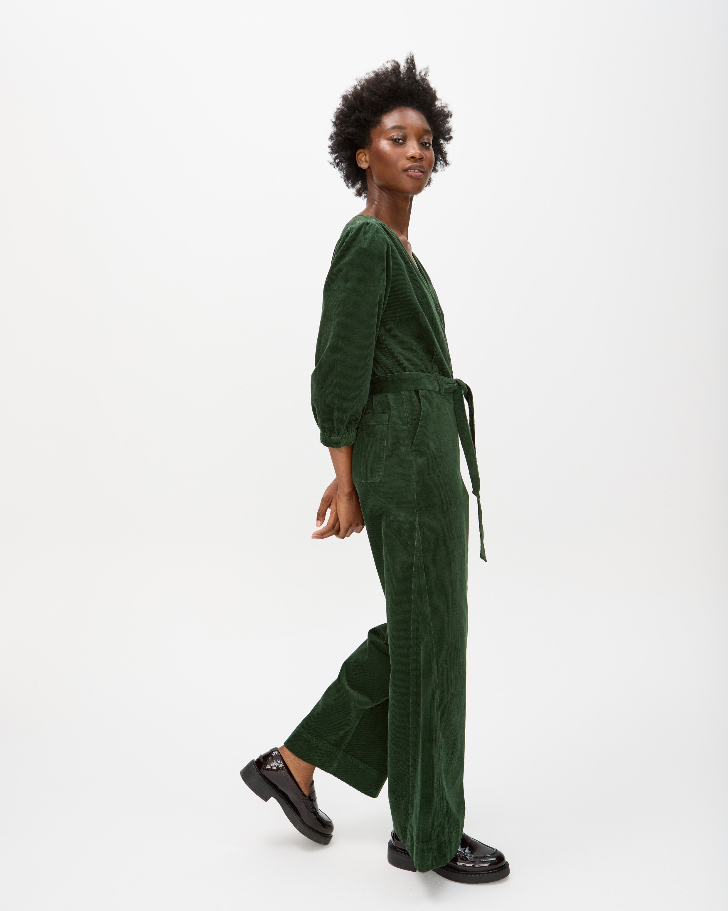 Green Corduroy V-Neck Tie Waist Jumpsuit | Oliver Bonas IE
