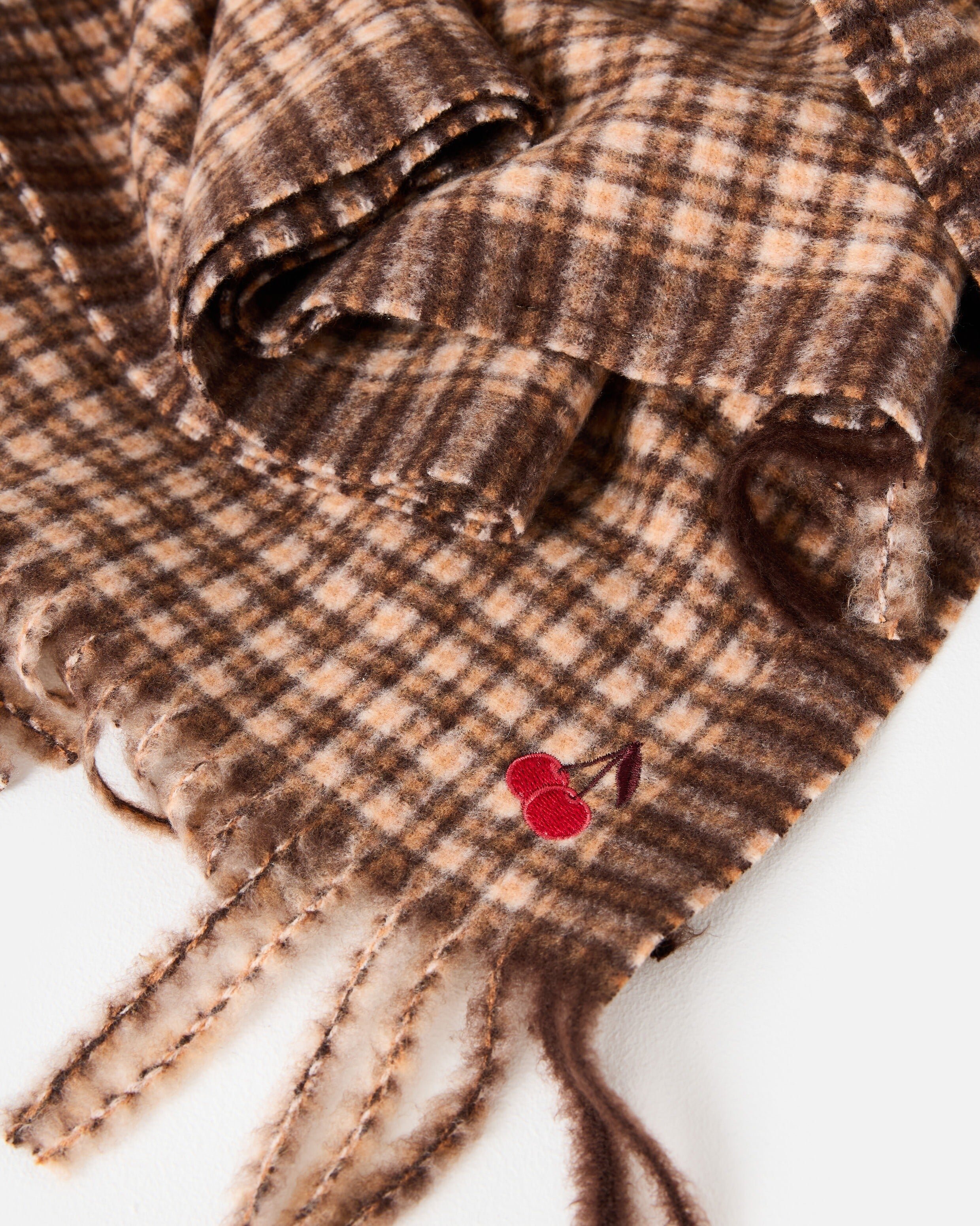 Brown Checked Cherry Motif Midweight Tassel Scarf | Oliver Bonas
