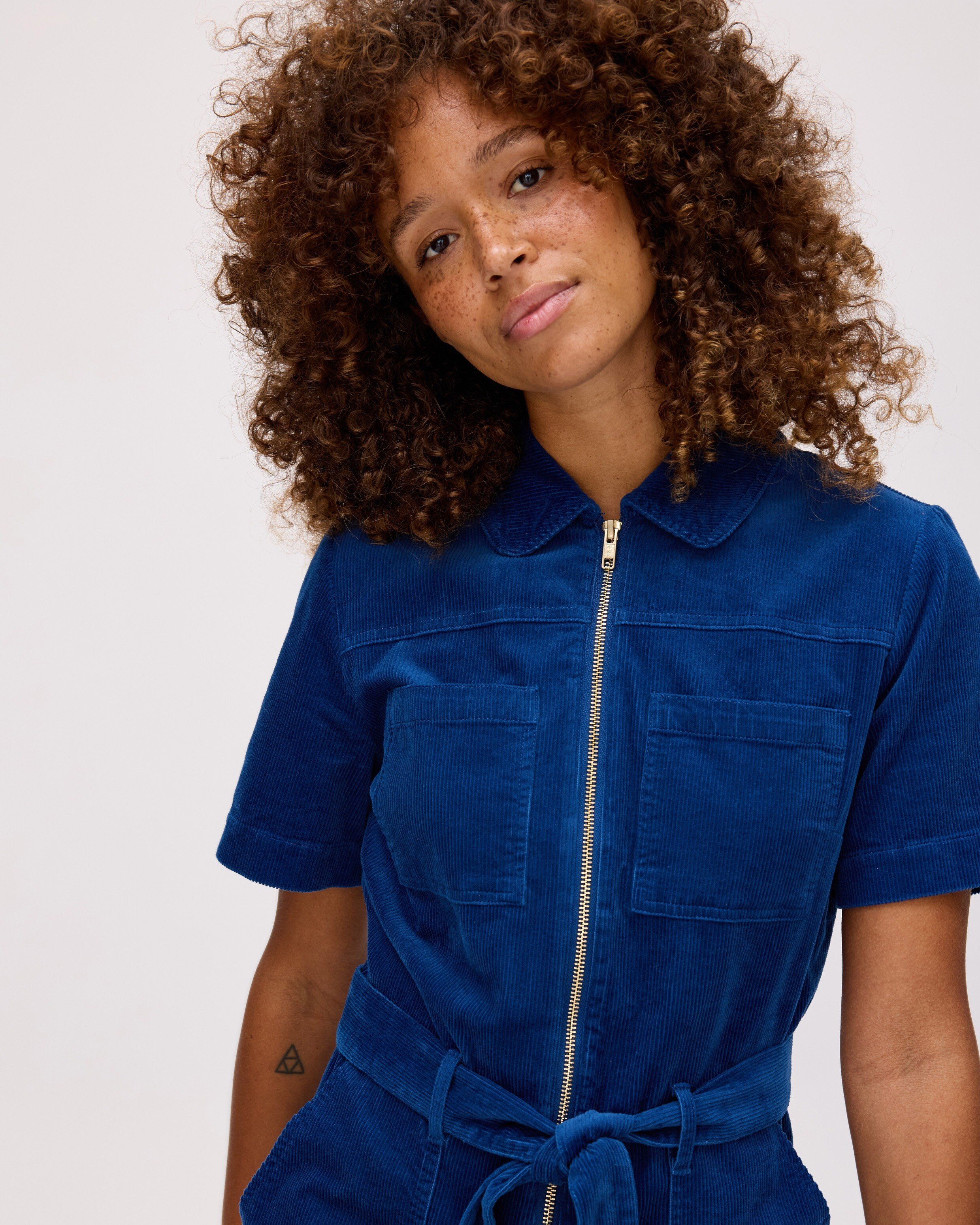 Blue Corduroy Zip Up Short Sleeve Jumpsuit | Oliver Bonas