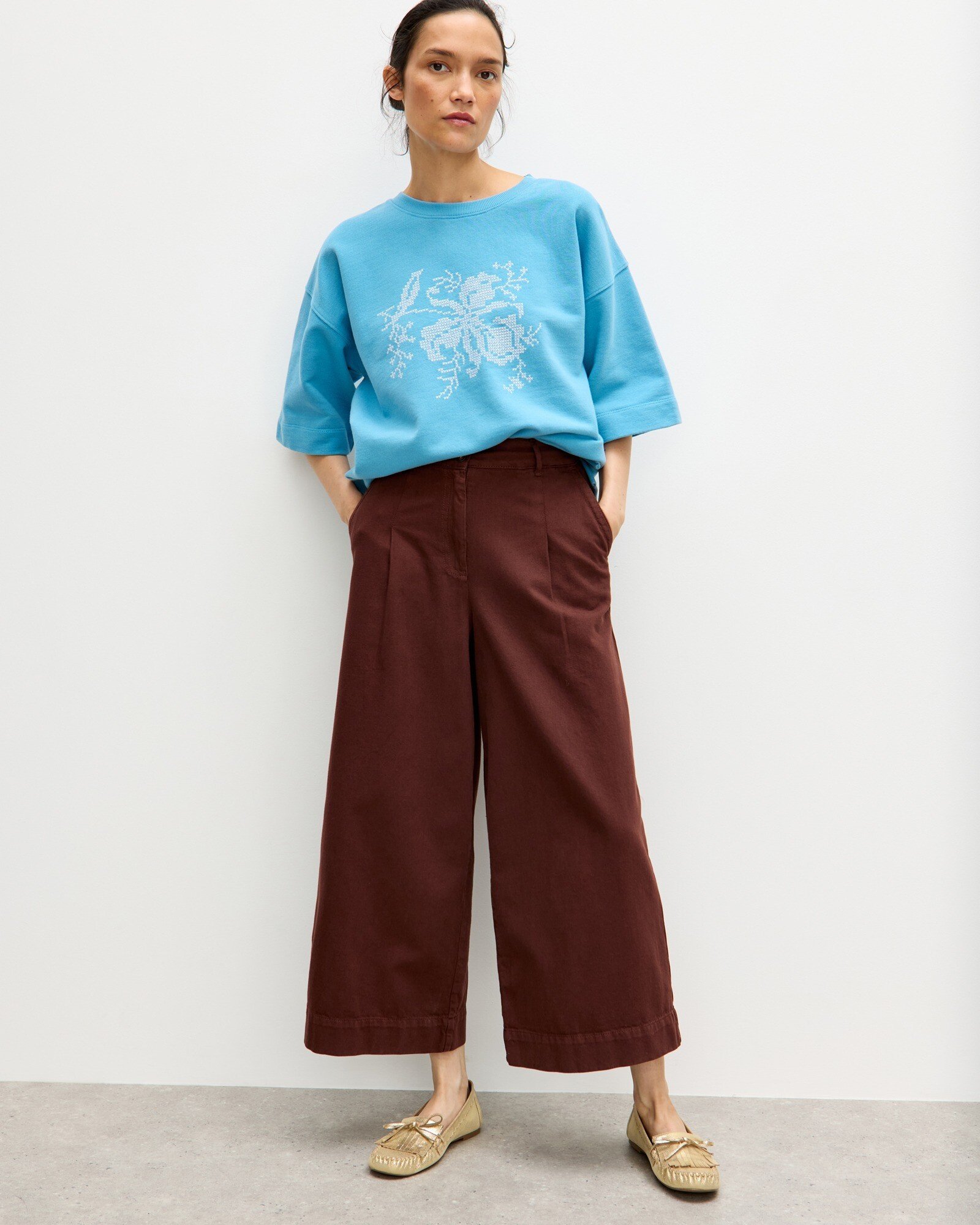Chocolate Brown Cotton Cropped Wide Leg Trousers Oliver Bonas