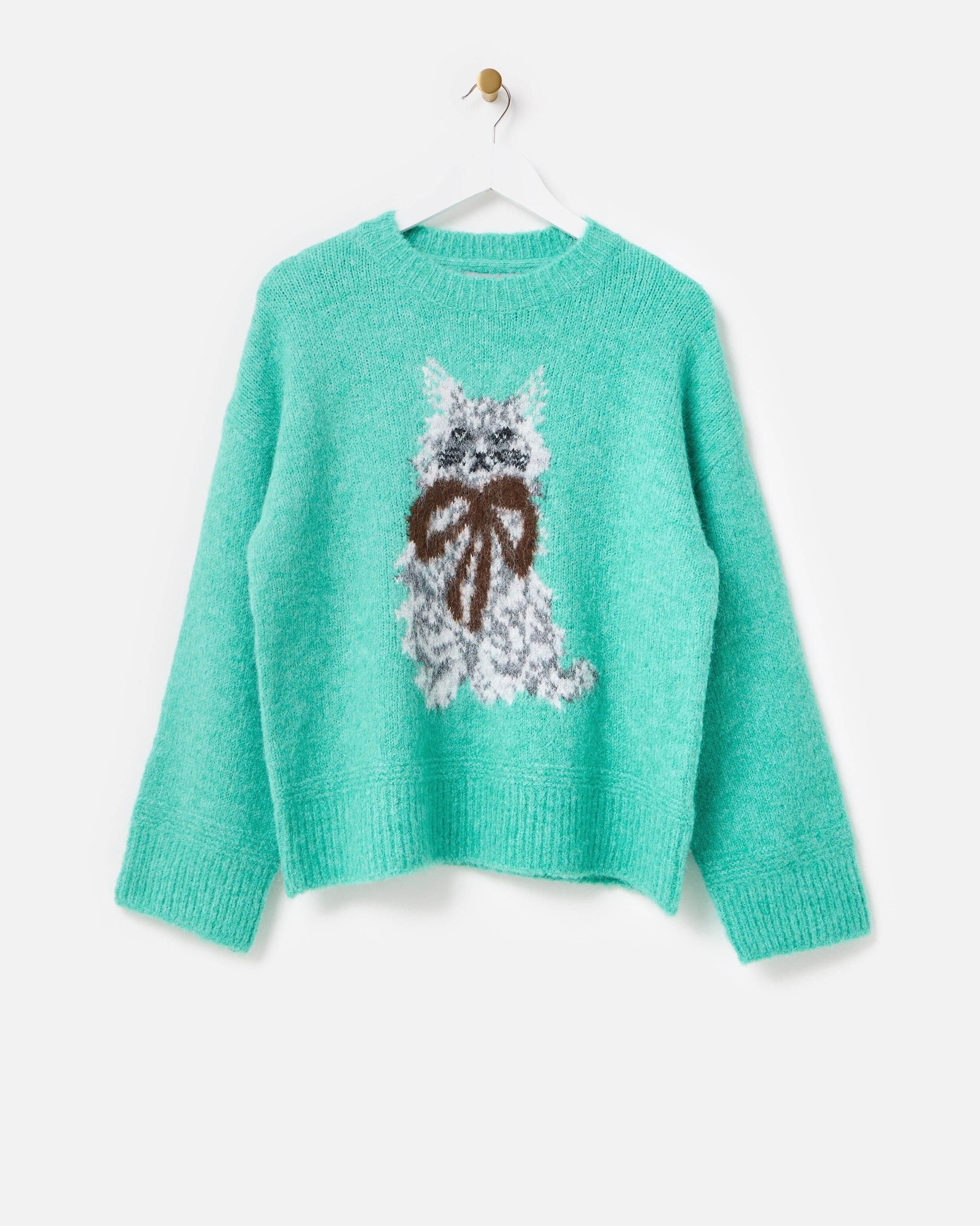 Green Cuthbert Cat Crew Neck Knitted Jumper | Oliver Bonas