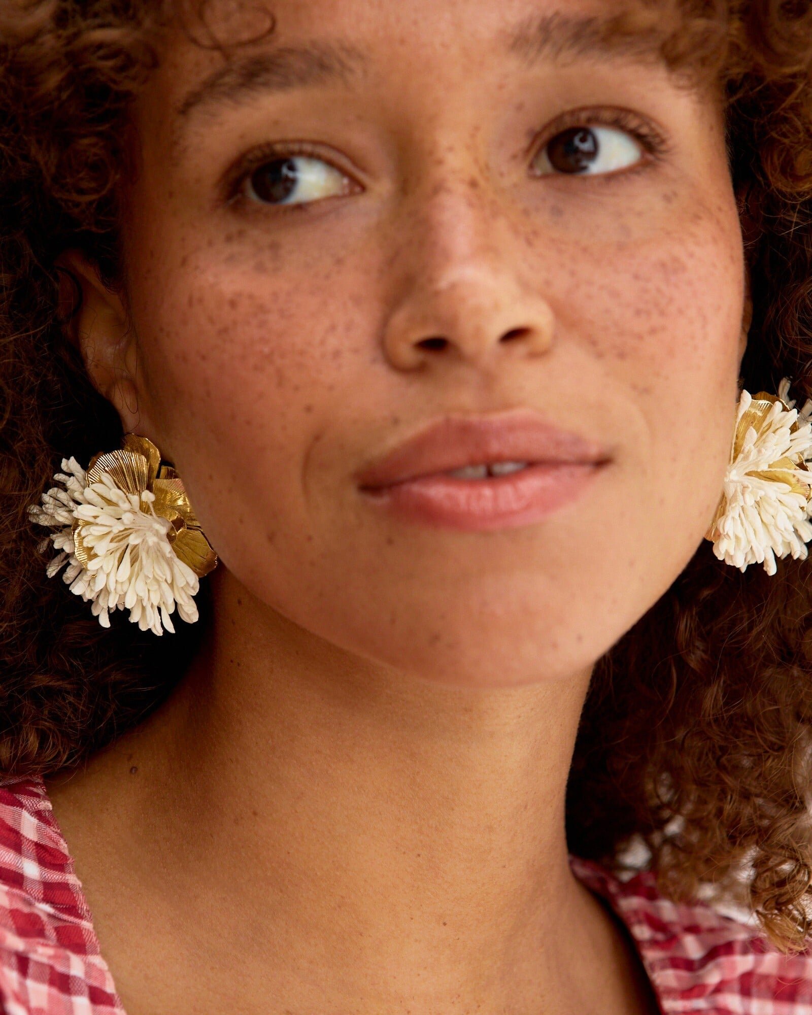 Delphina White Stem Large Gold Tone Flower Statement Earrings
