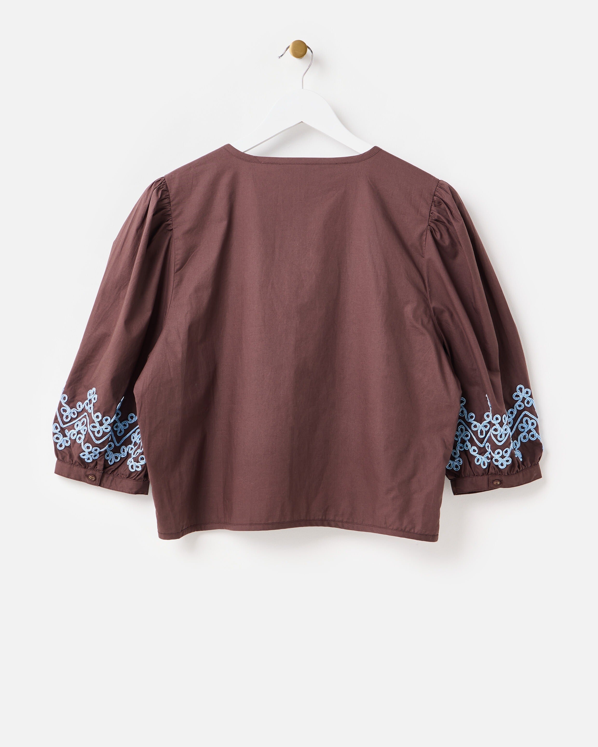 トップス BORDERS BROWN WEEKEND BISHOP SLEEVE TOP Chocolate Brown & Blue Embroidered Puff Sleeve Top | Oliver Bonas