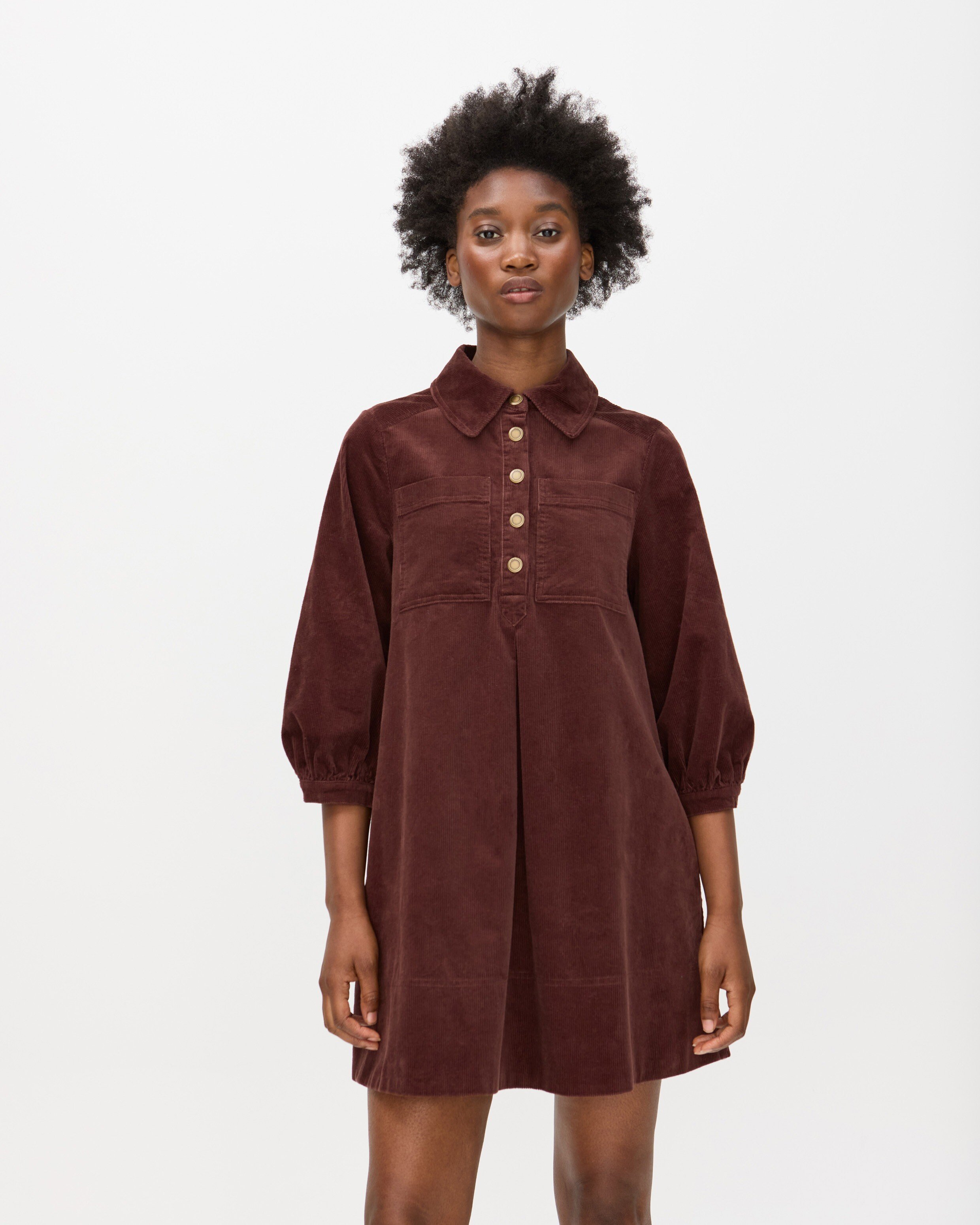 Chocolate Brown Corduroy Collared Mini Shirt Dress | Oliver Bonas