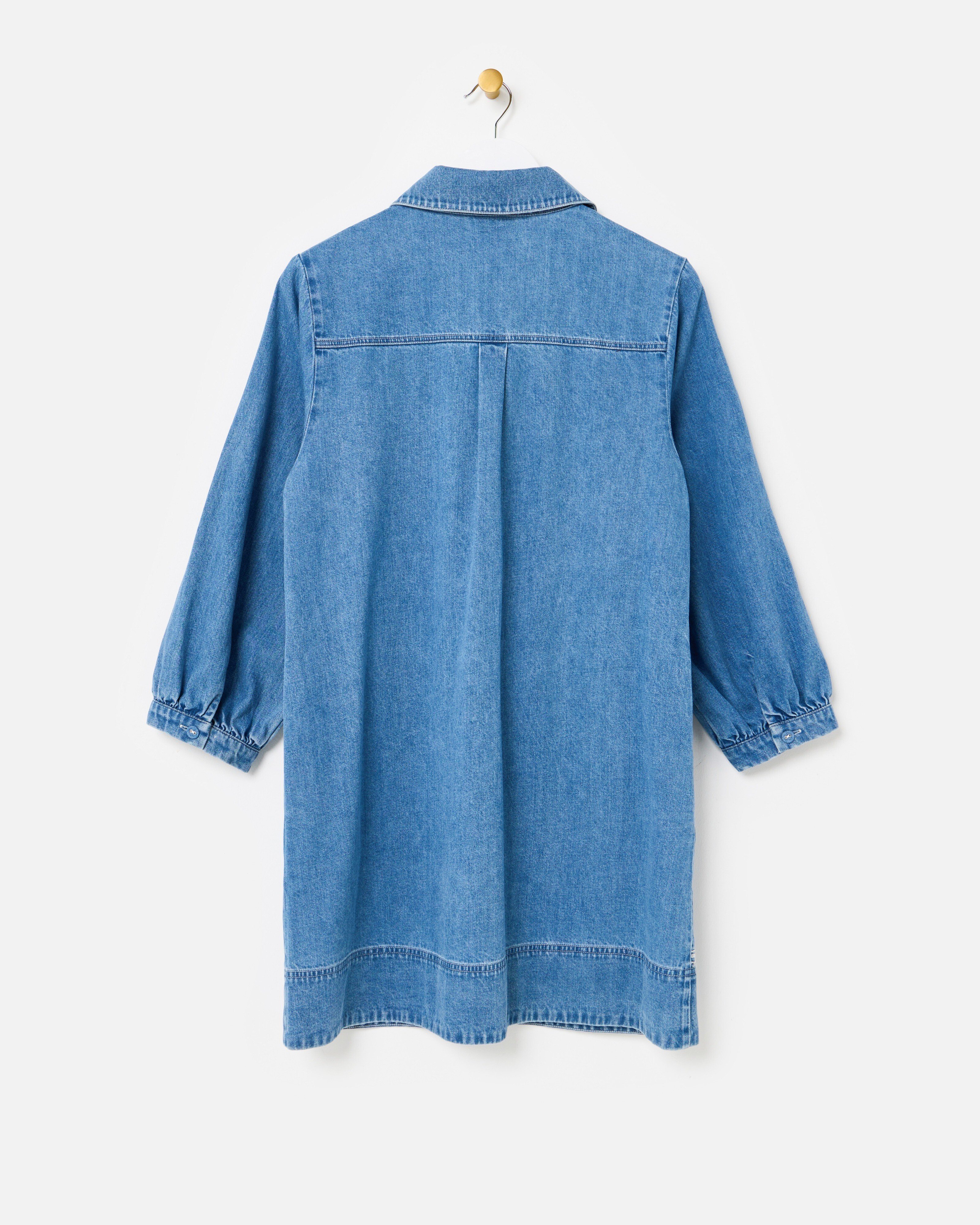 denim dress oliver bonas Blue Denim Bandana Print Embroidered Mini Shirt Dress
