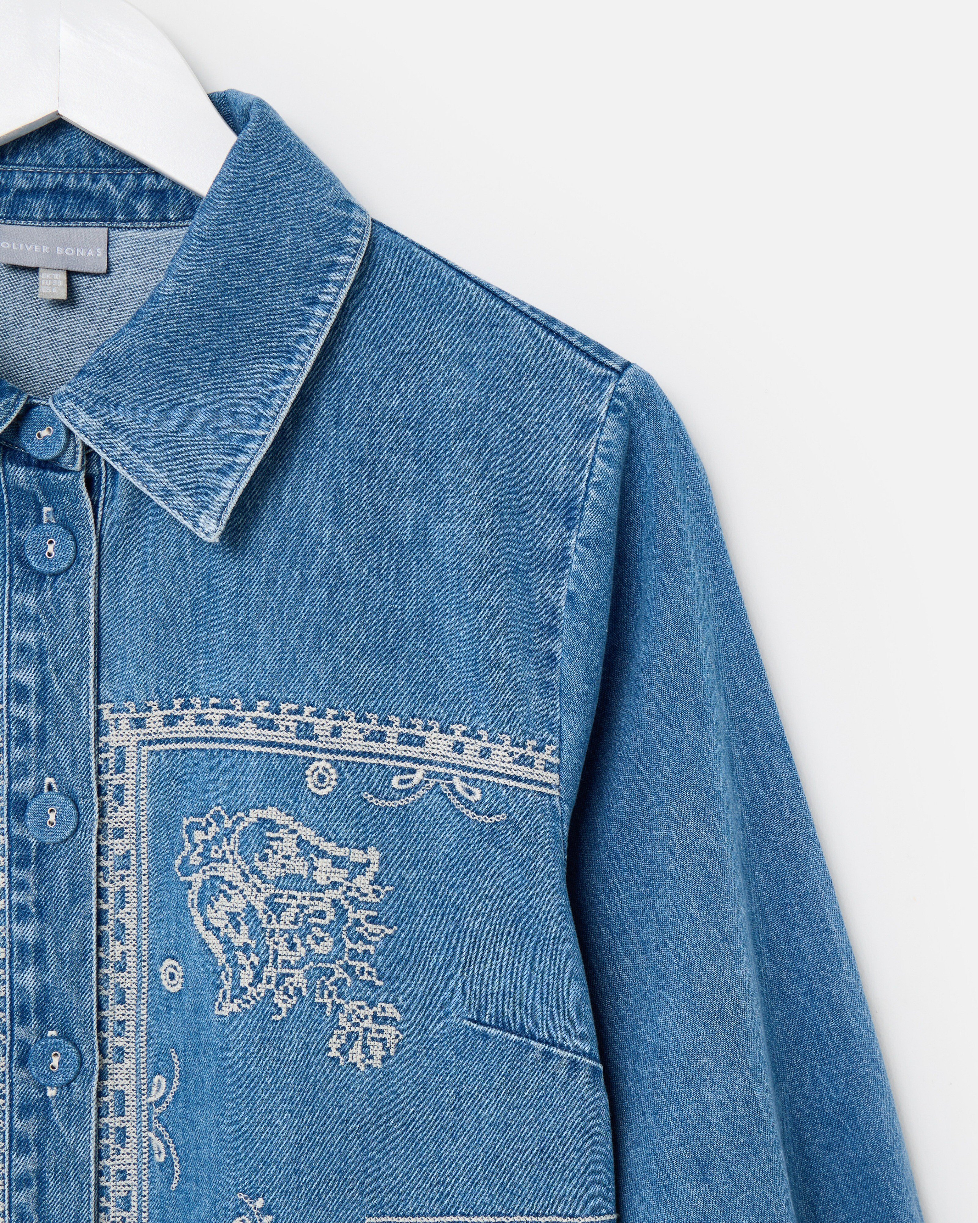 Blue Denim Bandana Print Embroidered Mini Shirt Dress | Oliver Bonas