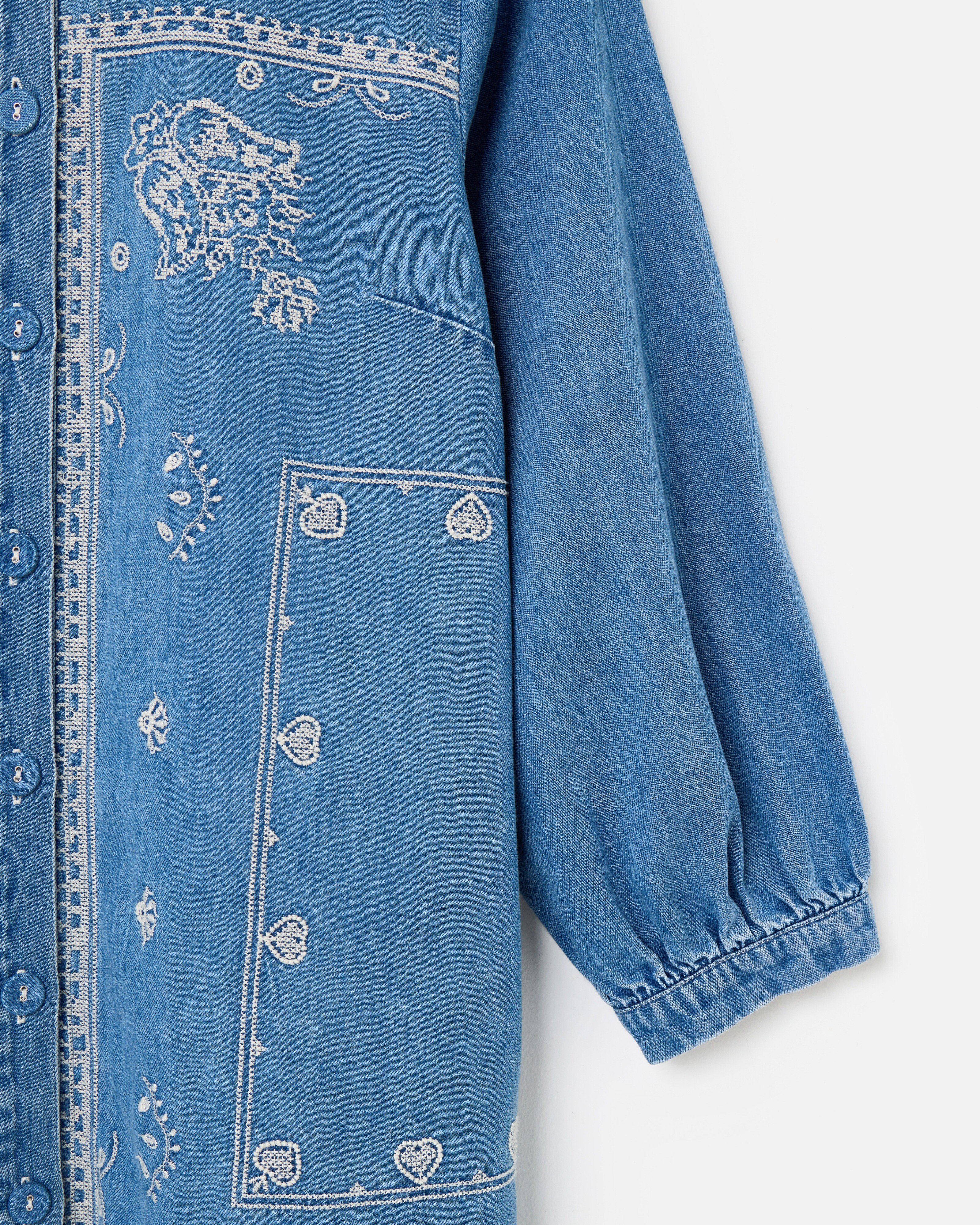 Blue Denim Bandana Print Embroidered Mini Shirt Dress