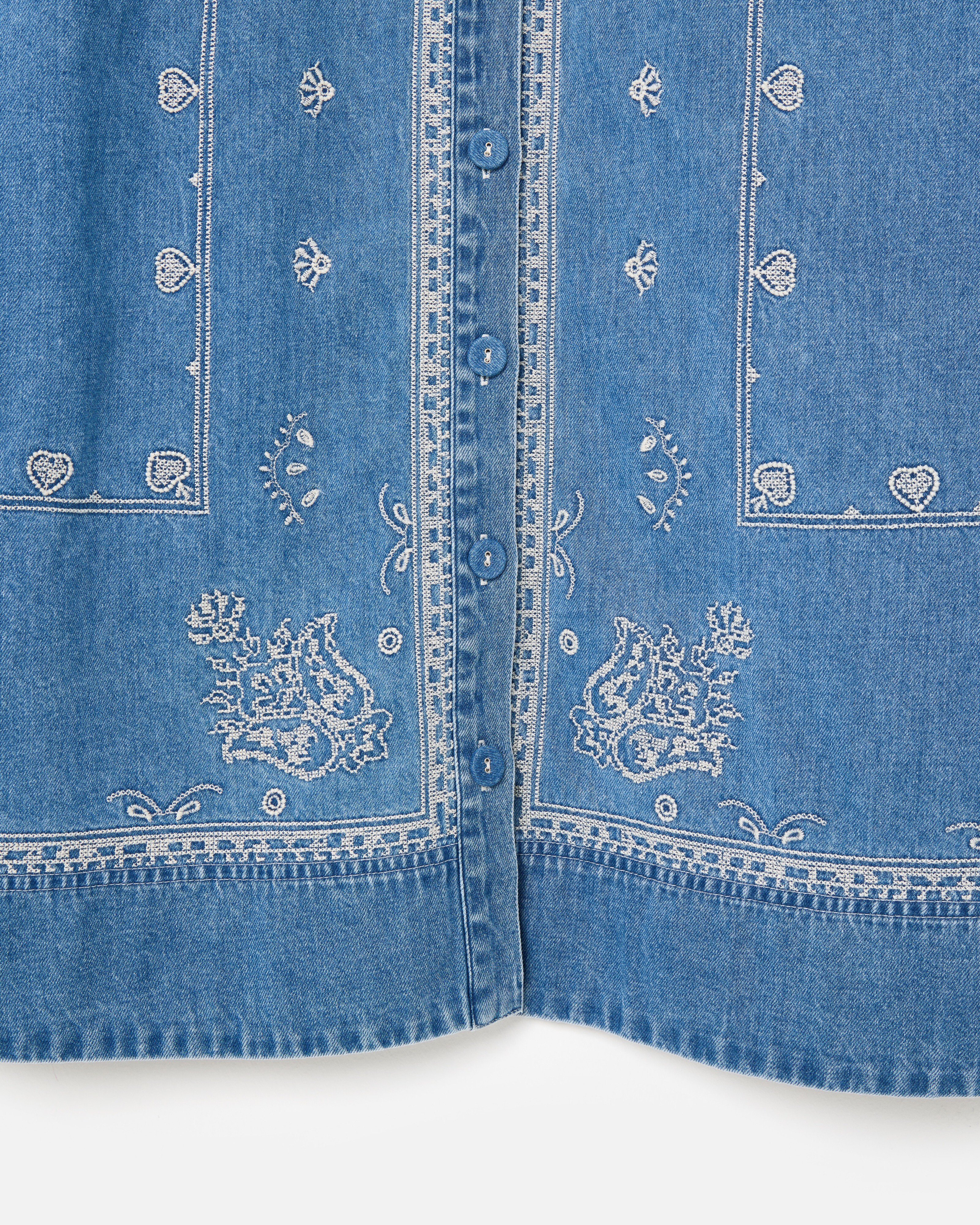 Blue Denim Bandana Print Embroidered Mini Shirt Dress | Oliver Bonas