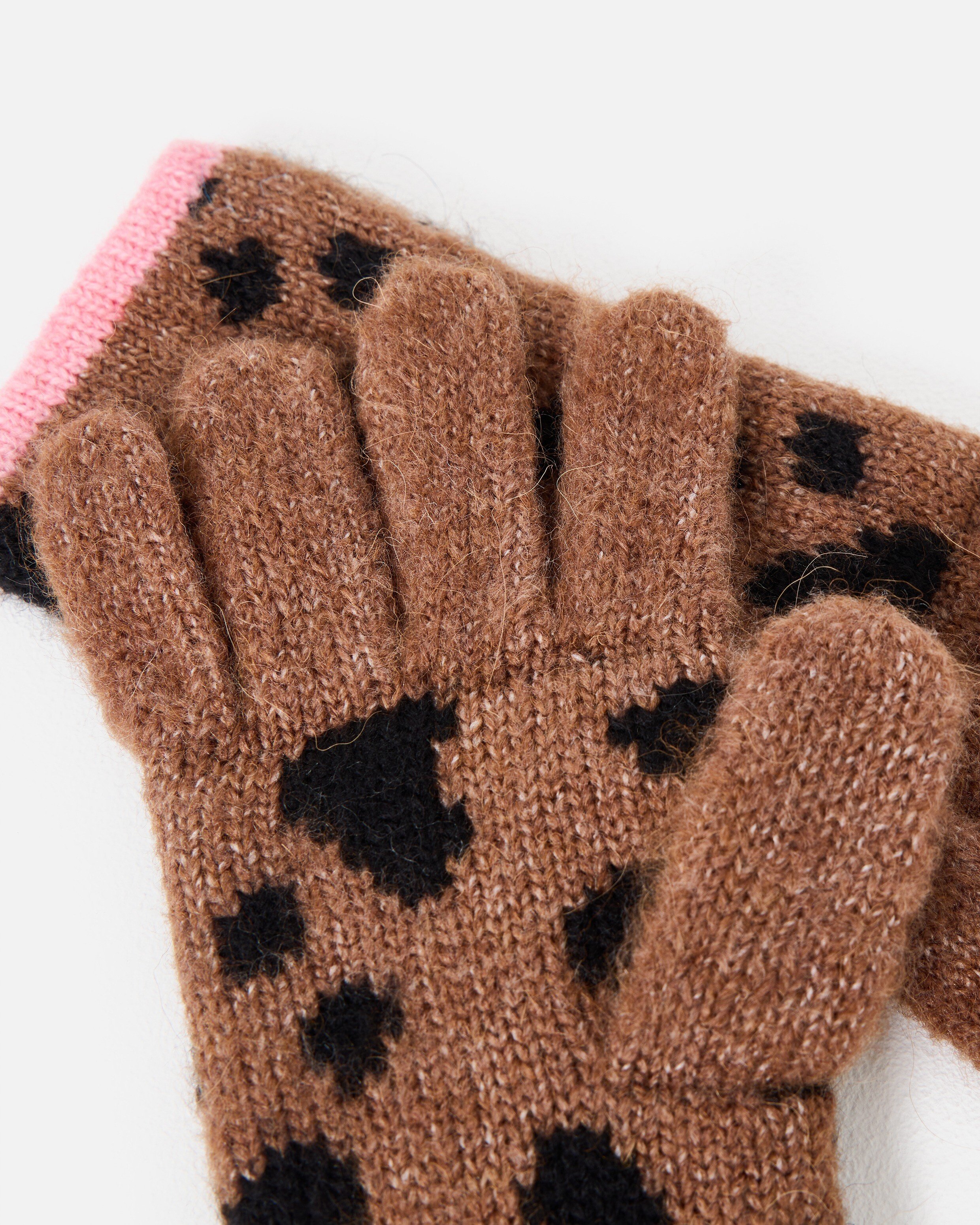 Brown & Black Spotty Animal Print Knitted Gloves | Oliver Bonas