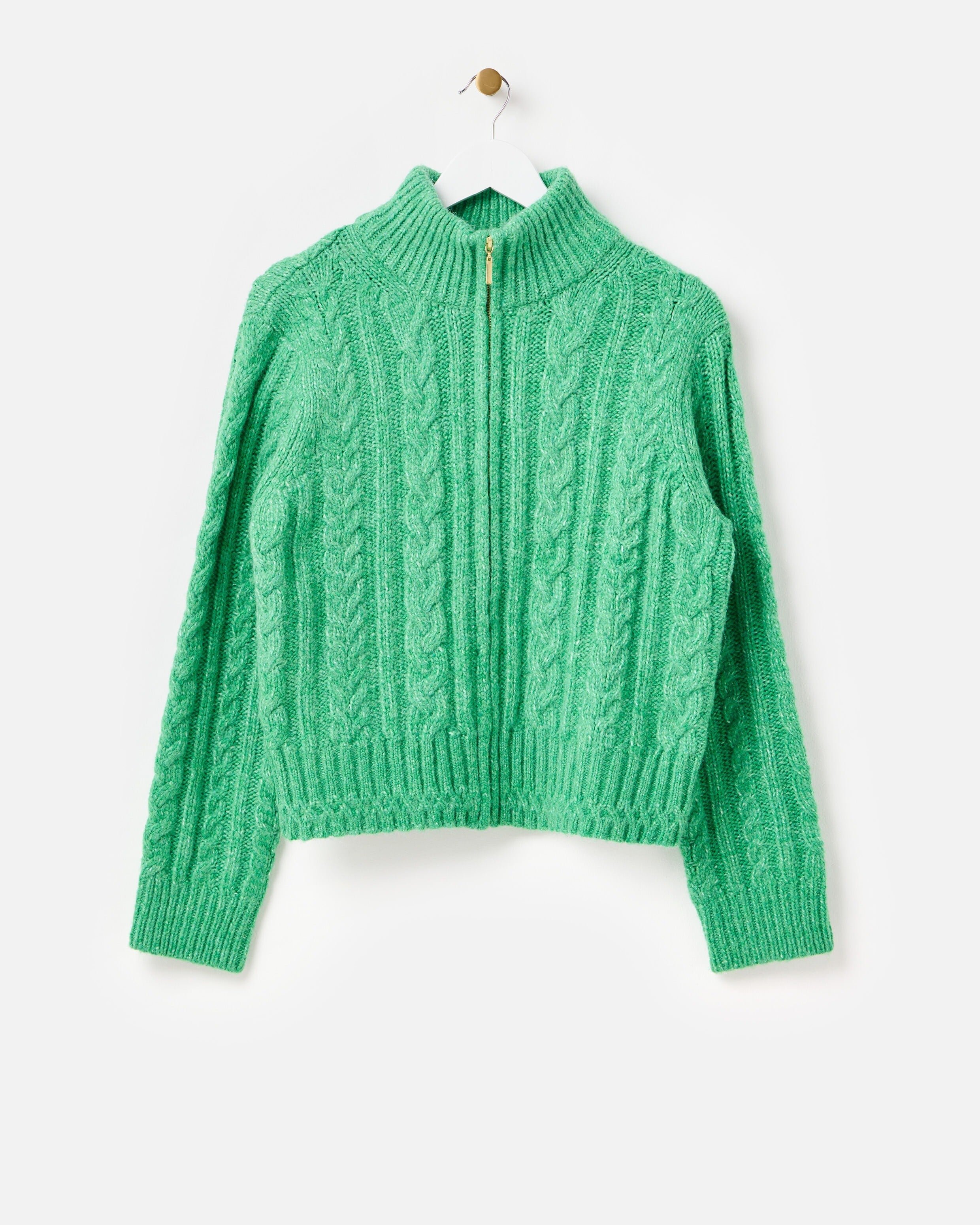 Green Cable Knit Zip Up Knitted Bomber Jacket | Oliver Bonas