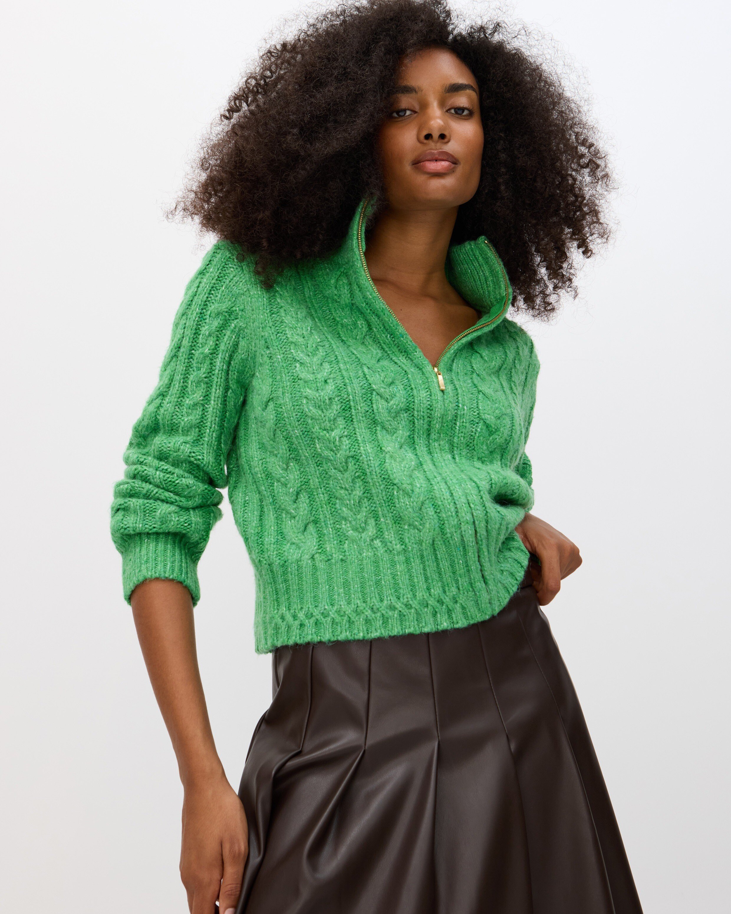 Green Cable Knit Zip Up Knitted Bomber Jacket | Oliver Bonas