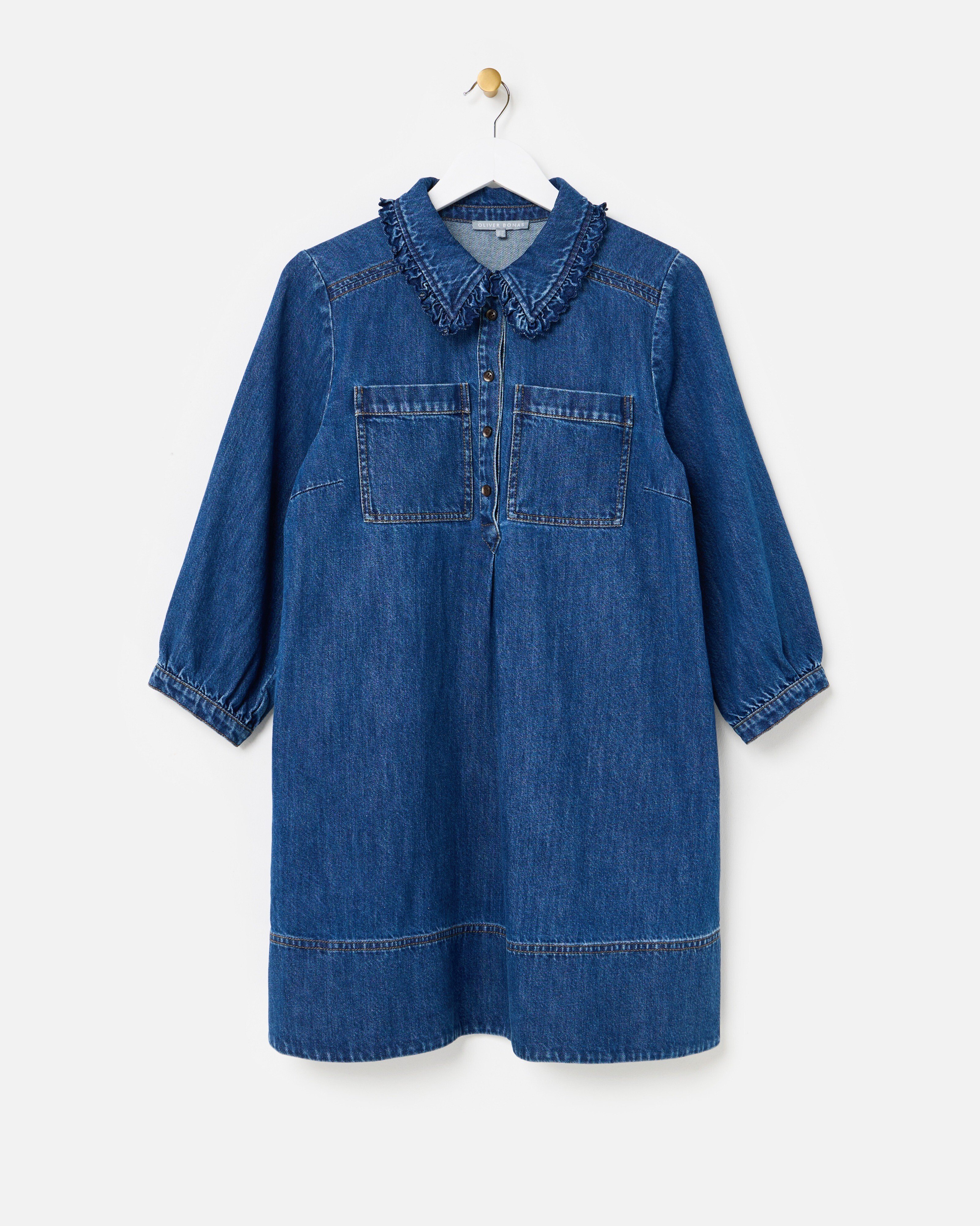 Dark Blue Denim Frill Collar Cotton Mini Dress | Oliver Bonas