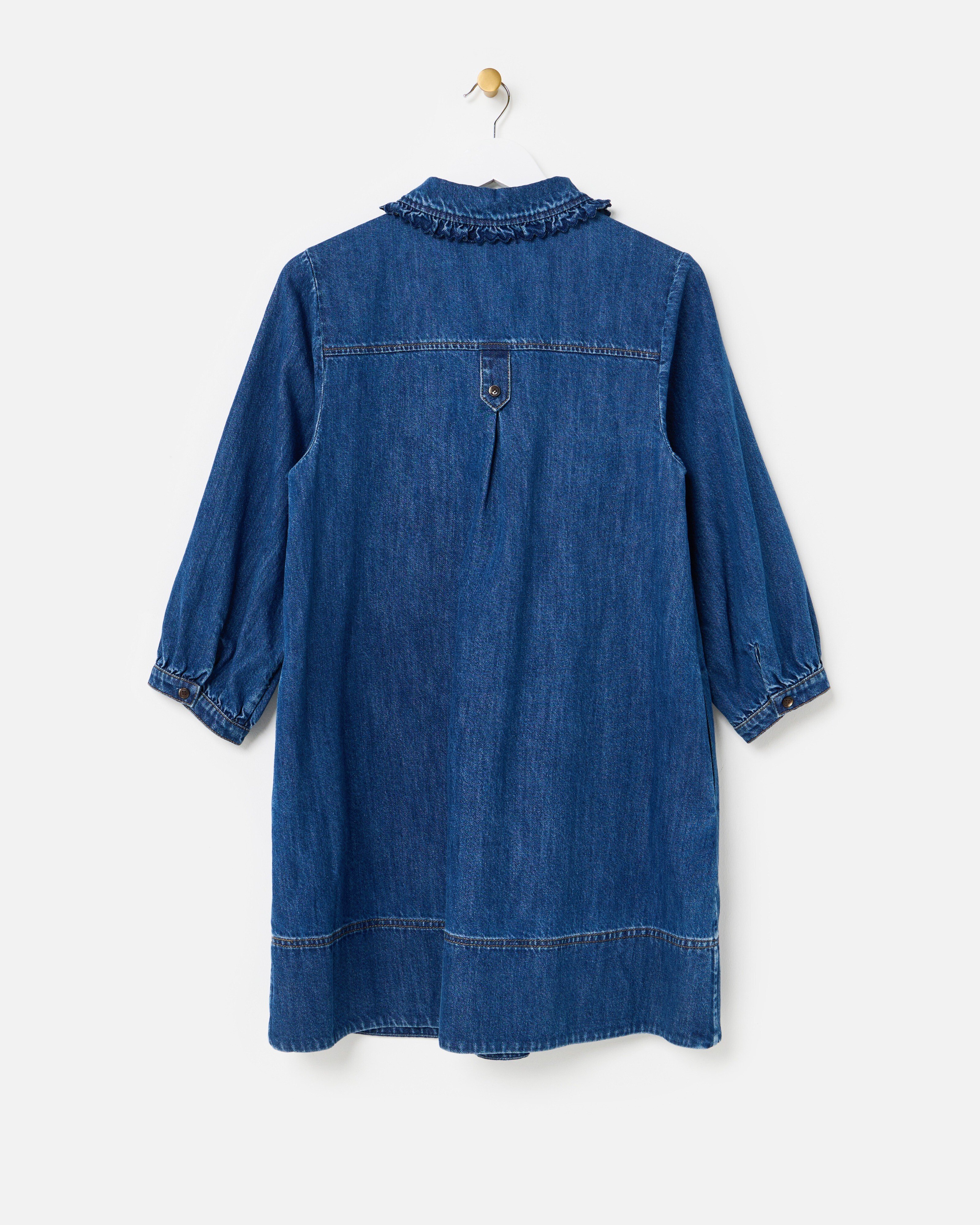 Dark Blue Denim Frill Collar Cotton Mini Dress | Oliver Bonas