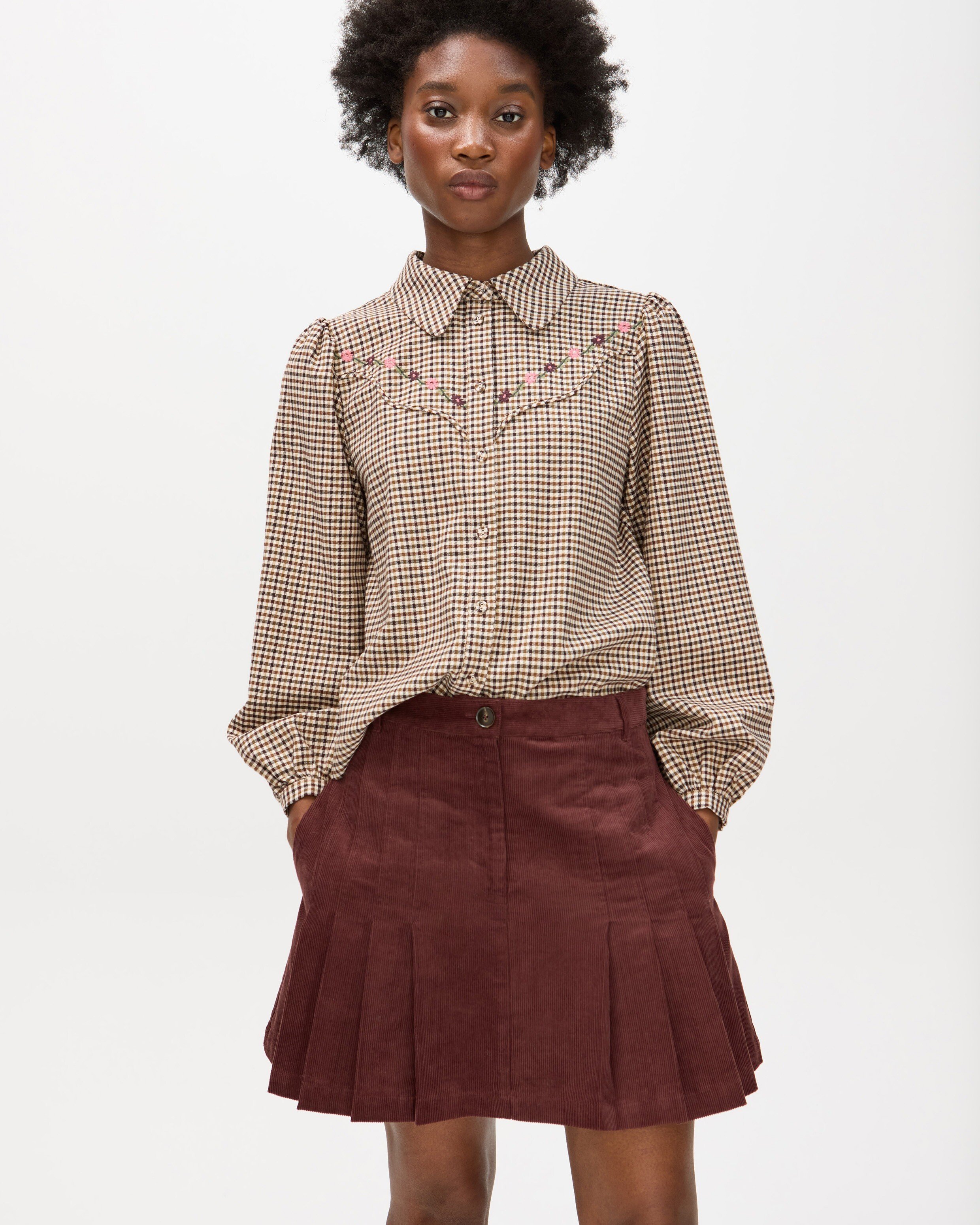 Brown Corduroy Pleated Mini Skirt Oliver Bonas