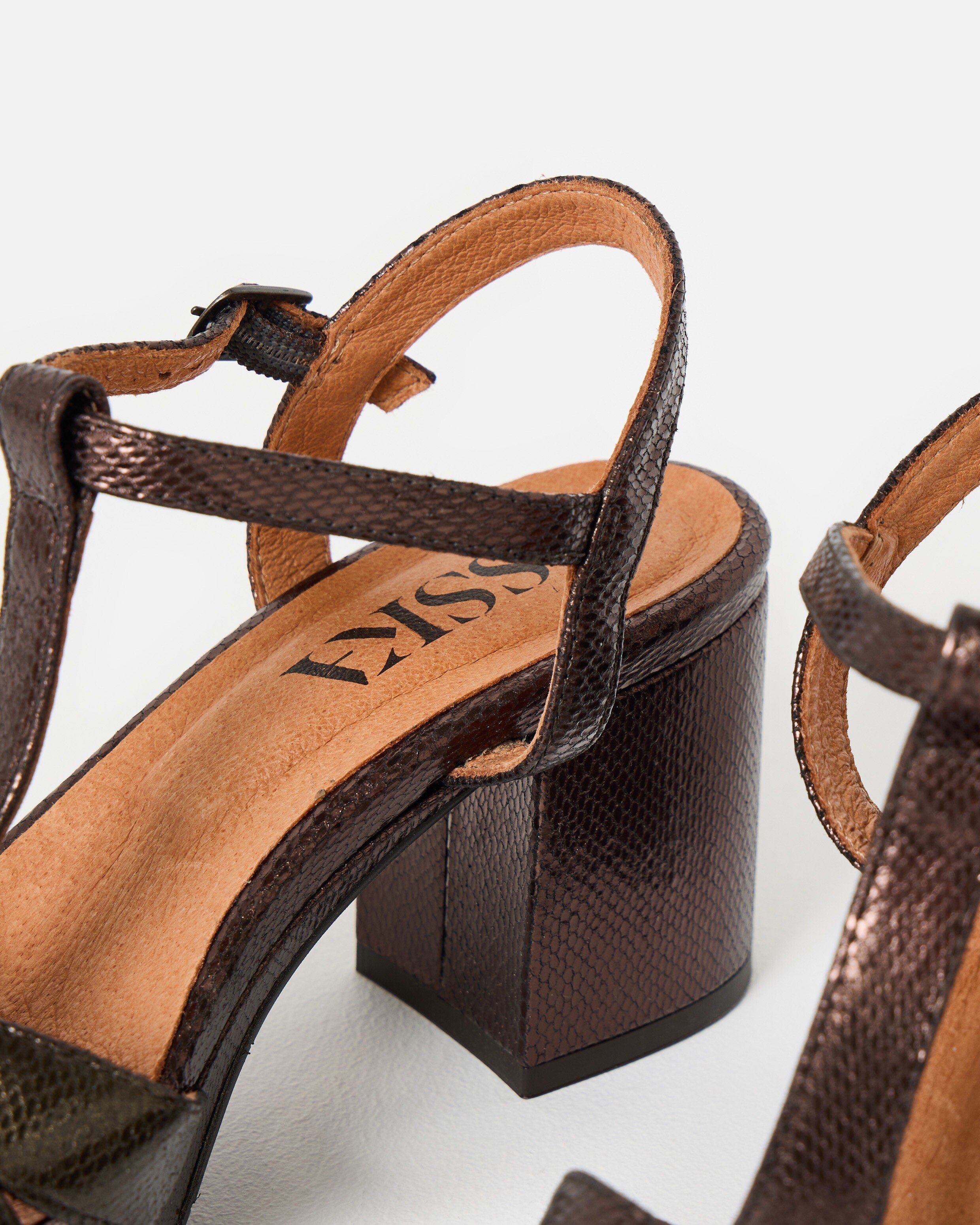 Esska Celeste Chocolate Brown Metallic Heeled Sandals | Oliver Bonas