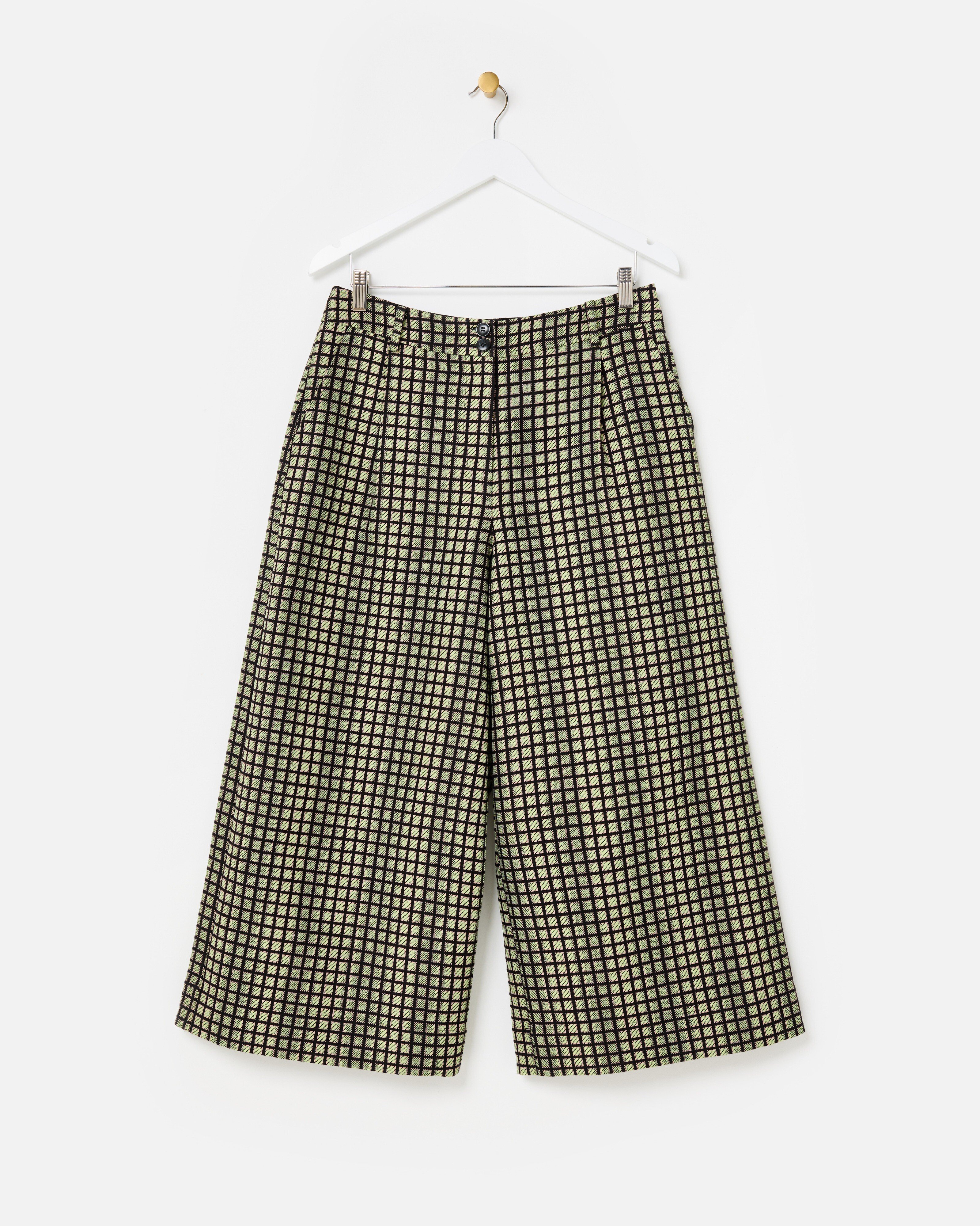 Black & Green Checked Jacquard Cropped Wide Leg Trousers | Oliver