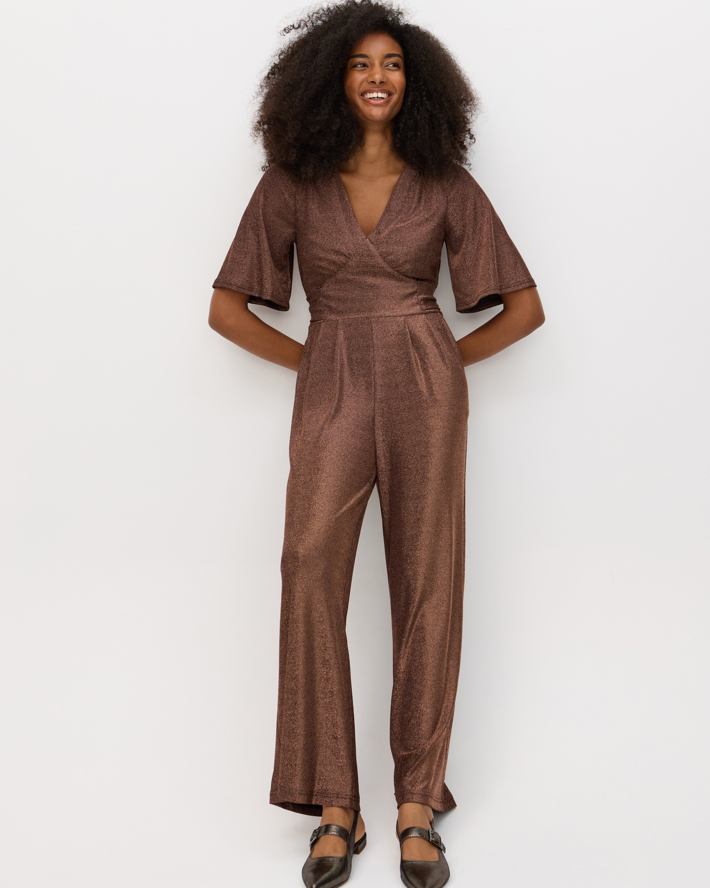 Brown Shimmer V-Neck Short Sleeve Jumpsuit | Oliver Bonas
