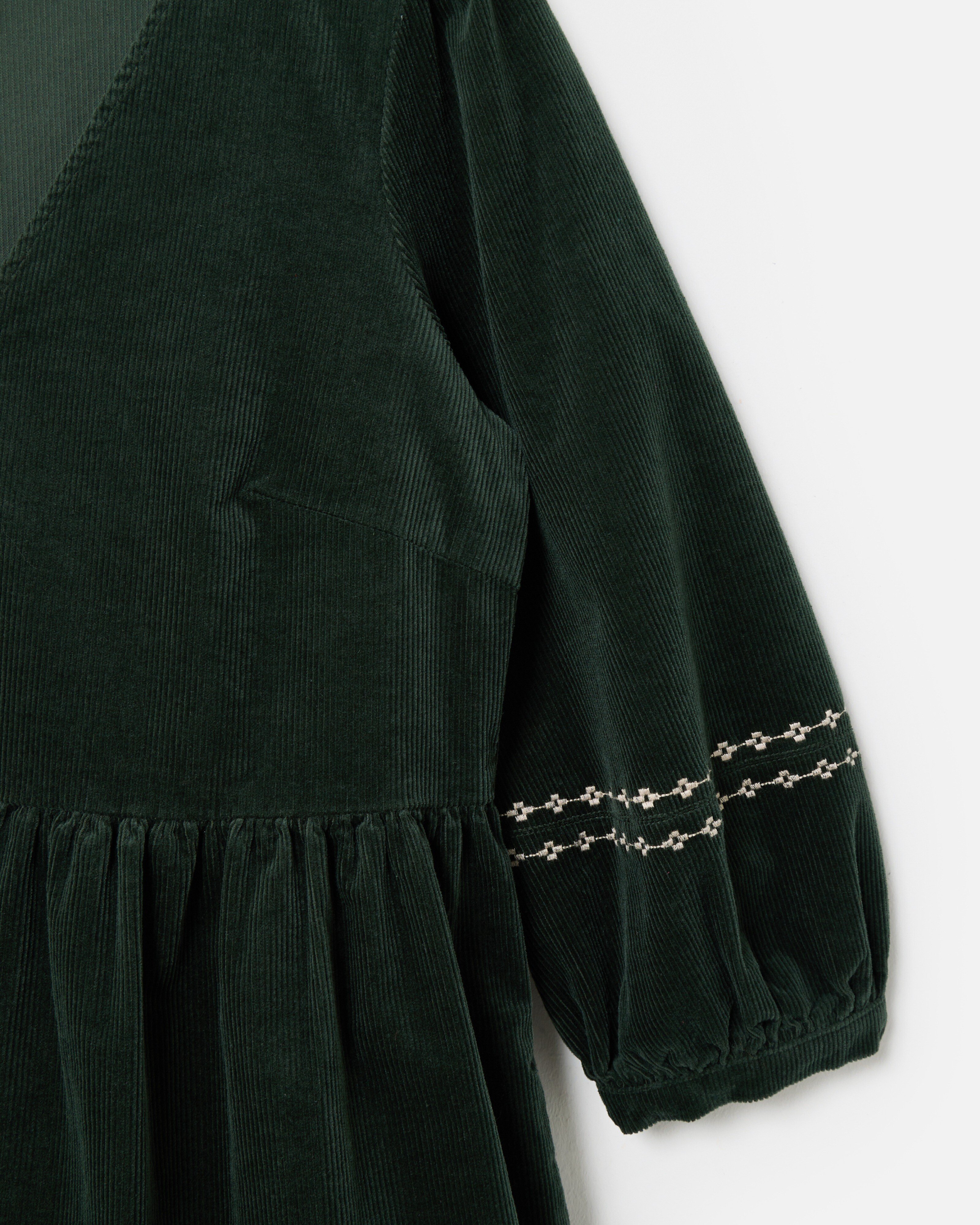 Dark Green Corduroy Embroidered Sleeve V-Neck Mini Dress | Oliver Bonas Dark Green Corduroy Embroidered Sleeve V-Neck Mini Dress | Oliver Bonas
