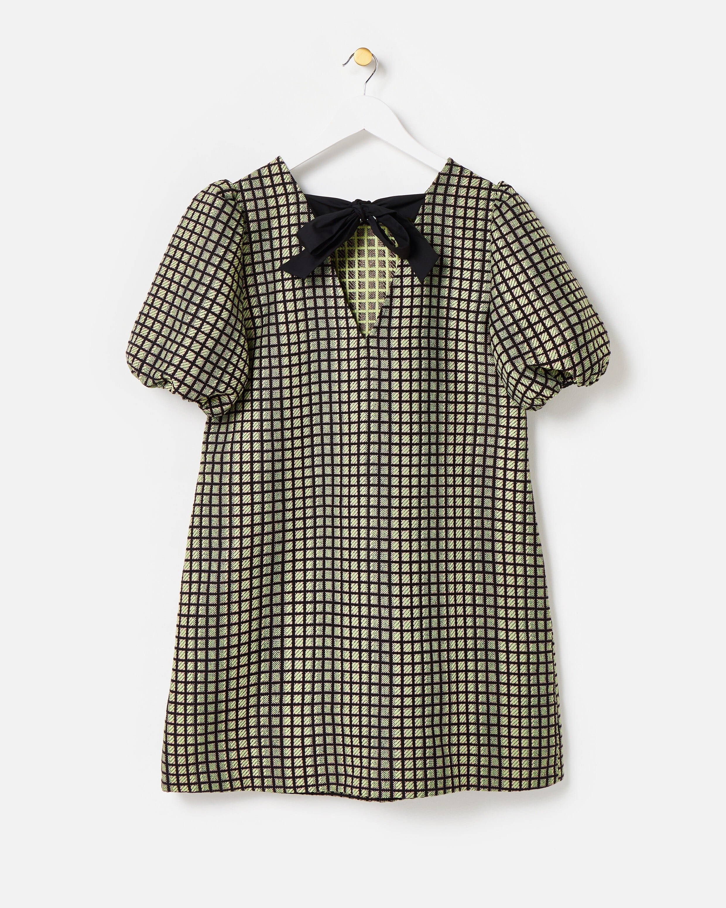 Black & Green Checked Jacquard Puff Sleeve Mini Dress | Oliver Bonas