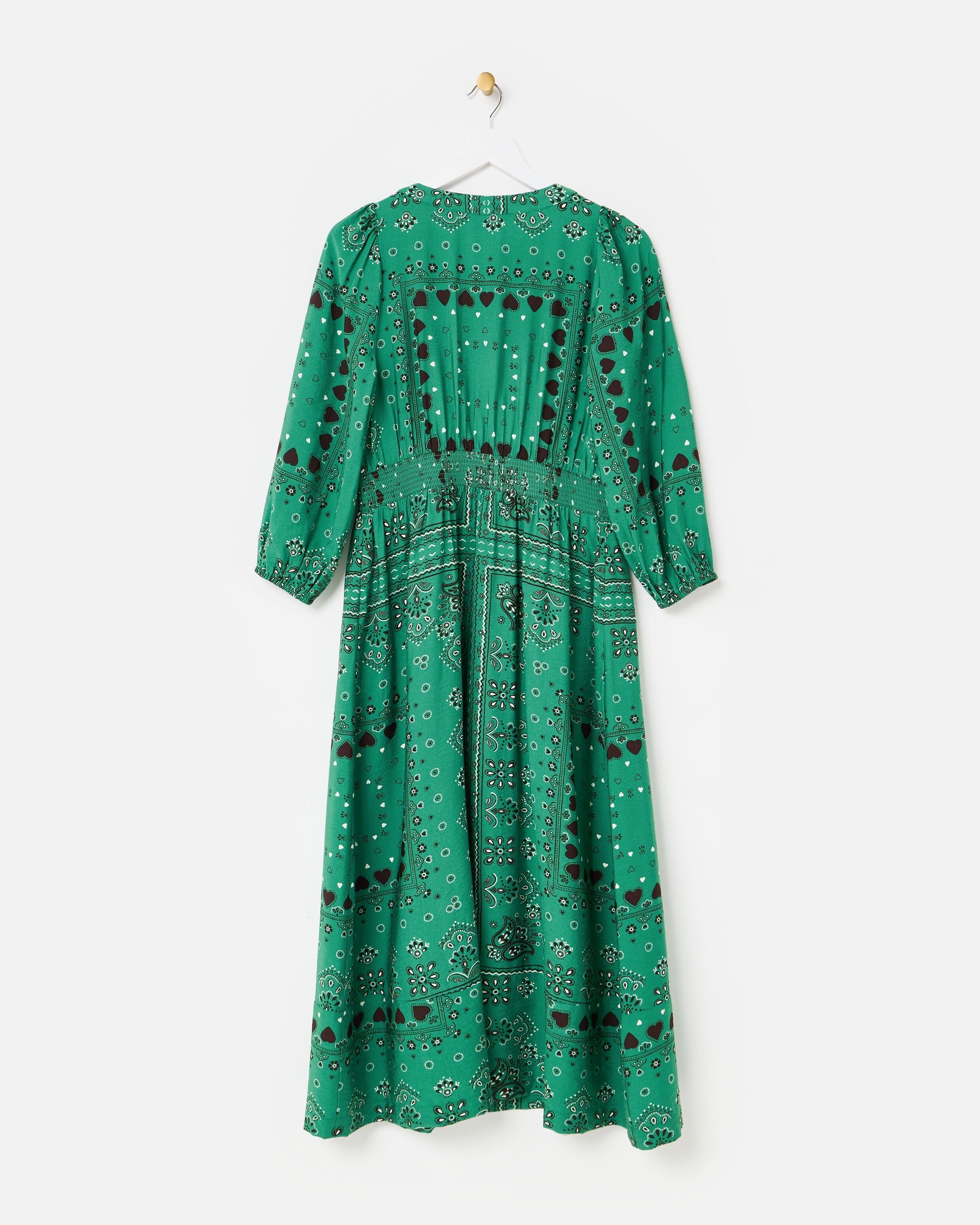 Green Paisley Bandana Print V-Neck Midi Dress | Oliver Bonas