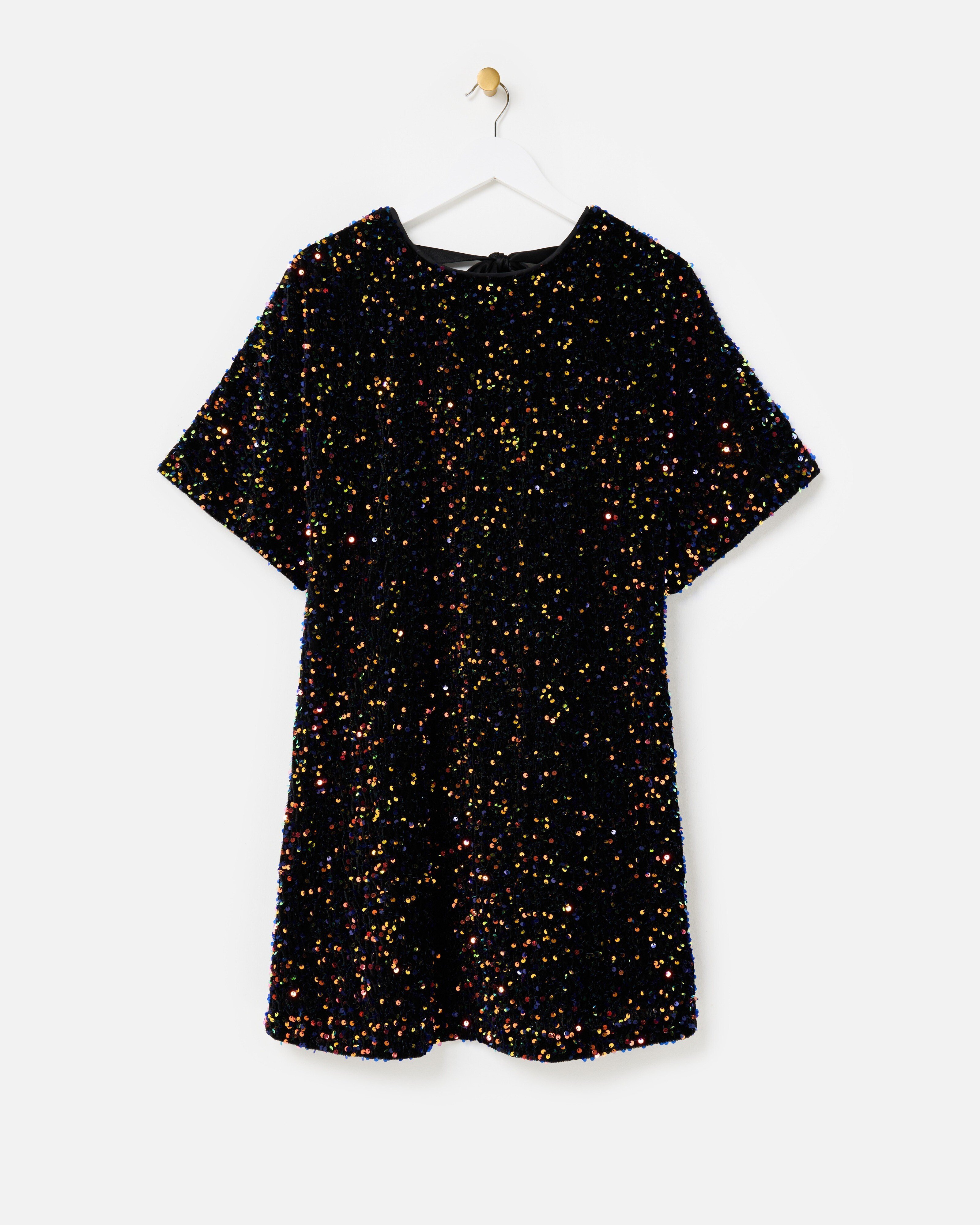 Black Velvet Sequin Mini T-Shirt Dress | Oliver Bonas