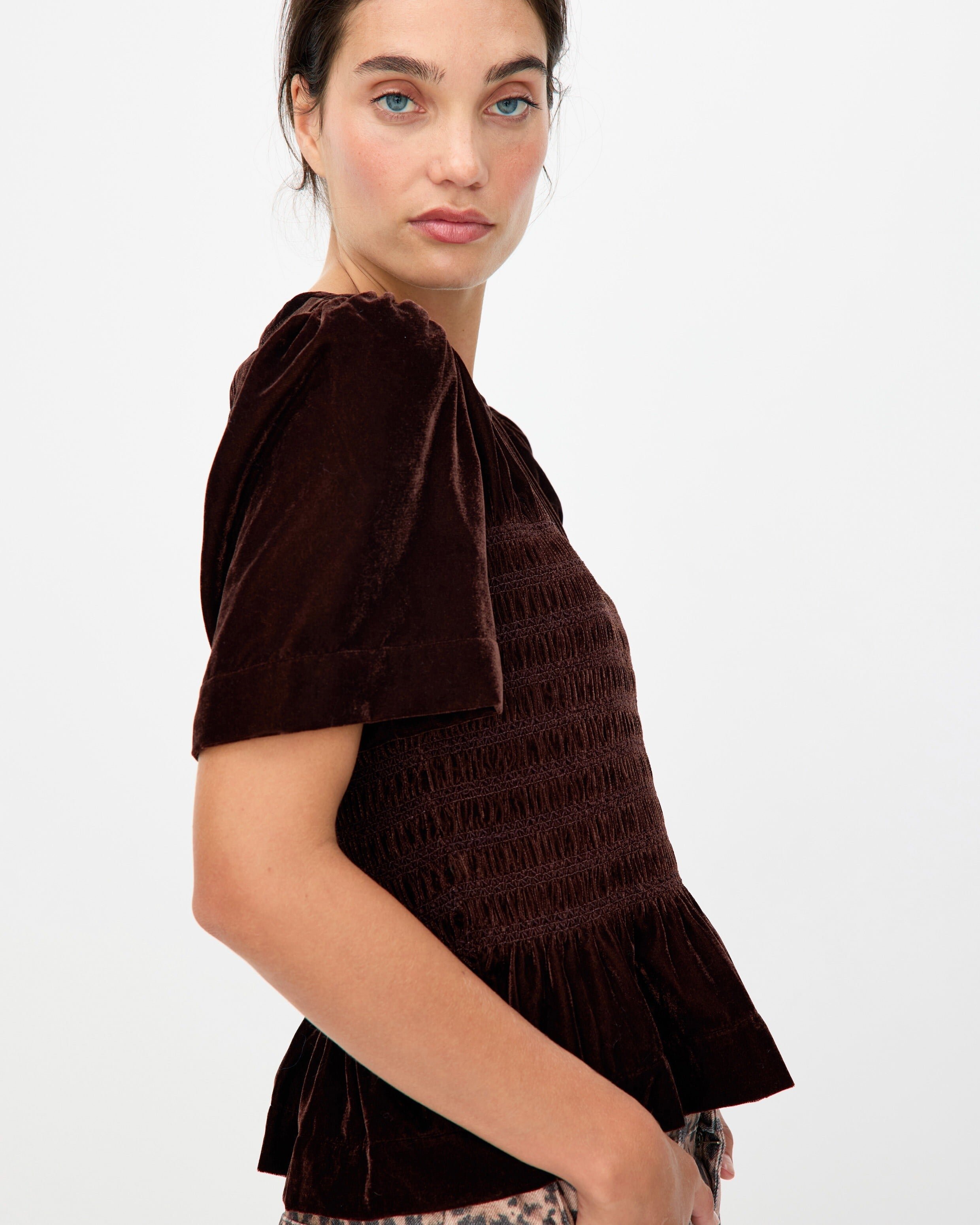 Chocolate Brown Velvet Shirred Bodice T-Shirt | Oliver Bonas