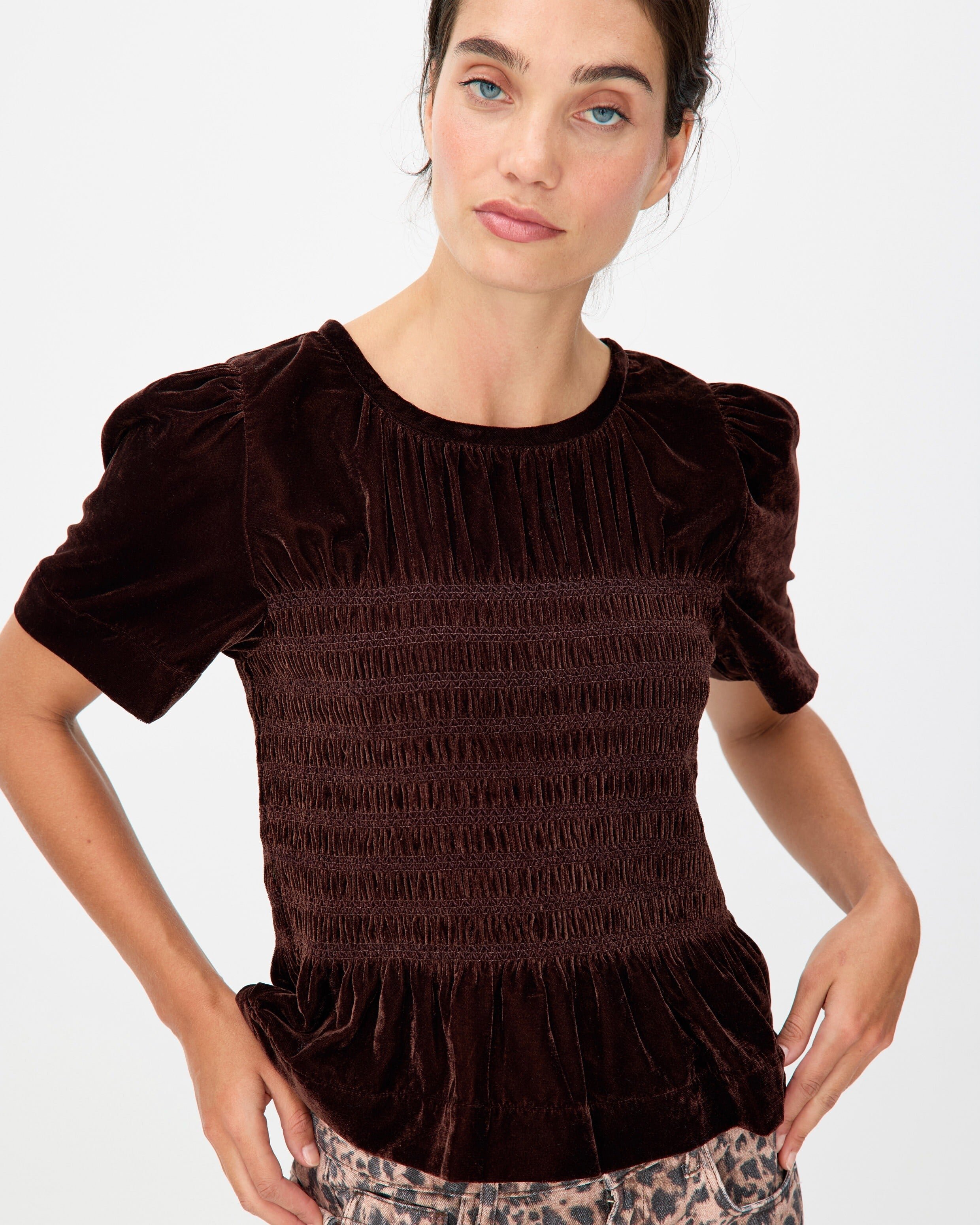 Chocolate Brown Velvet Shirred Bodice T-Shirt | Oliver Bonas