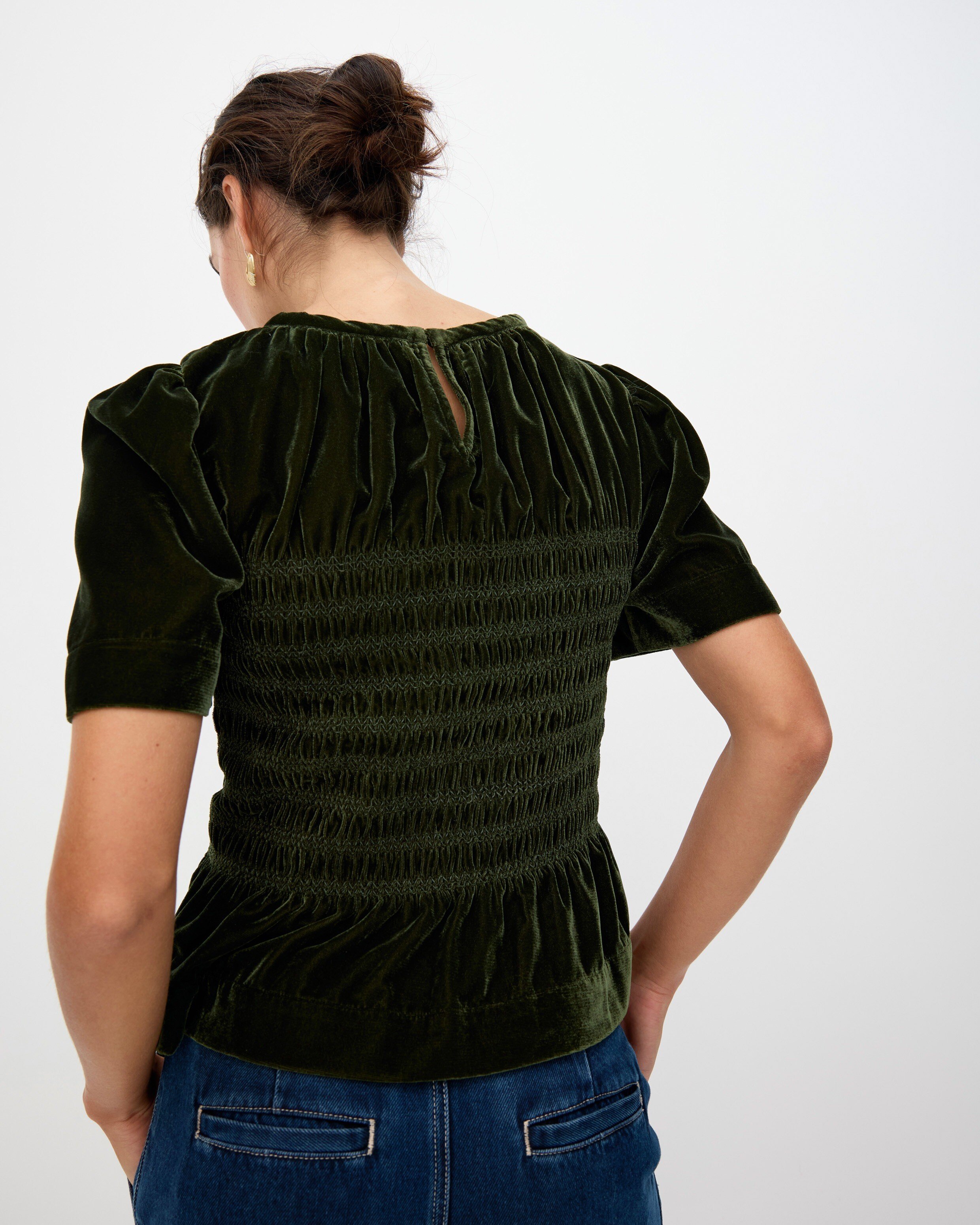 Dark Green Velvet Shirred Bodice T-Shirt | Oliver Bonas