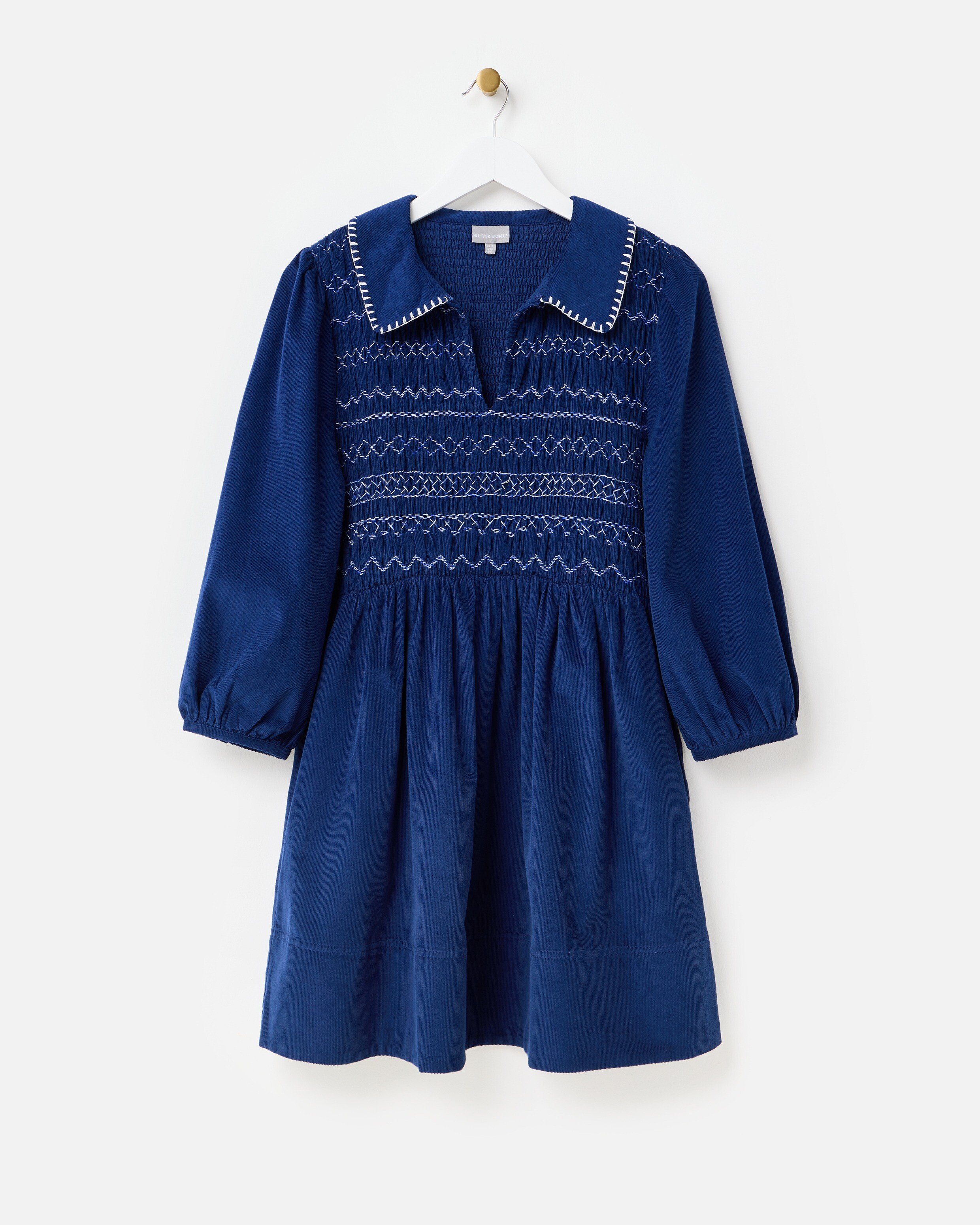 Blue Corduroy Shirred Bodice Collared Mini Dress | Oliver Bonas