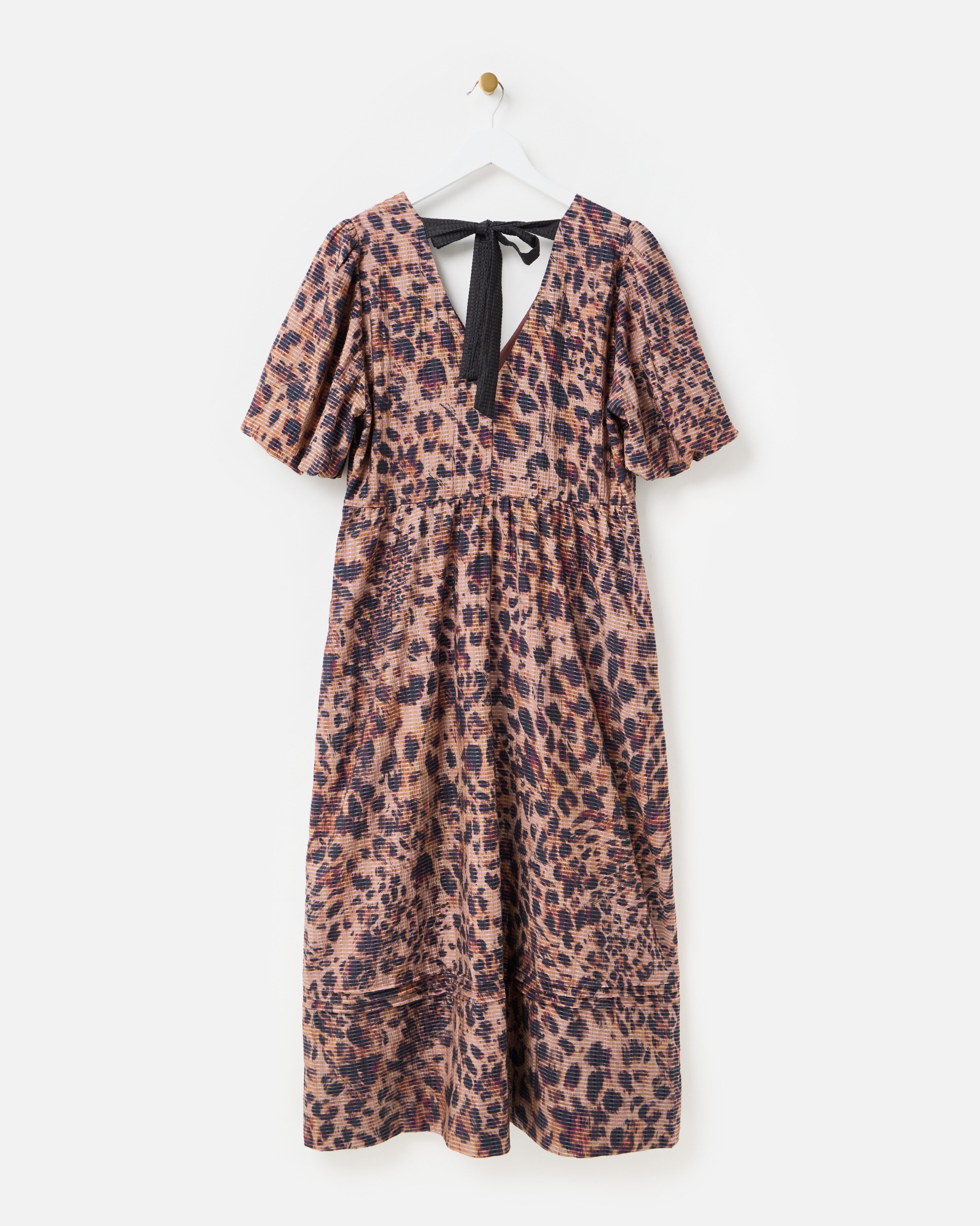 Brown Animal Print V-Neck Puff Sleeve Midi Dress