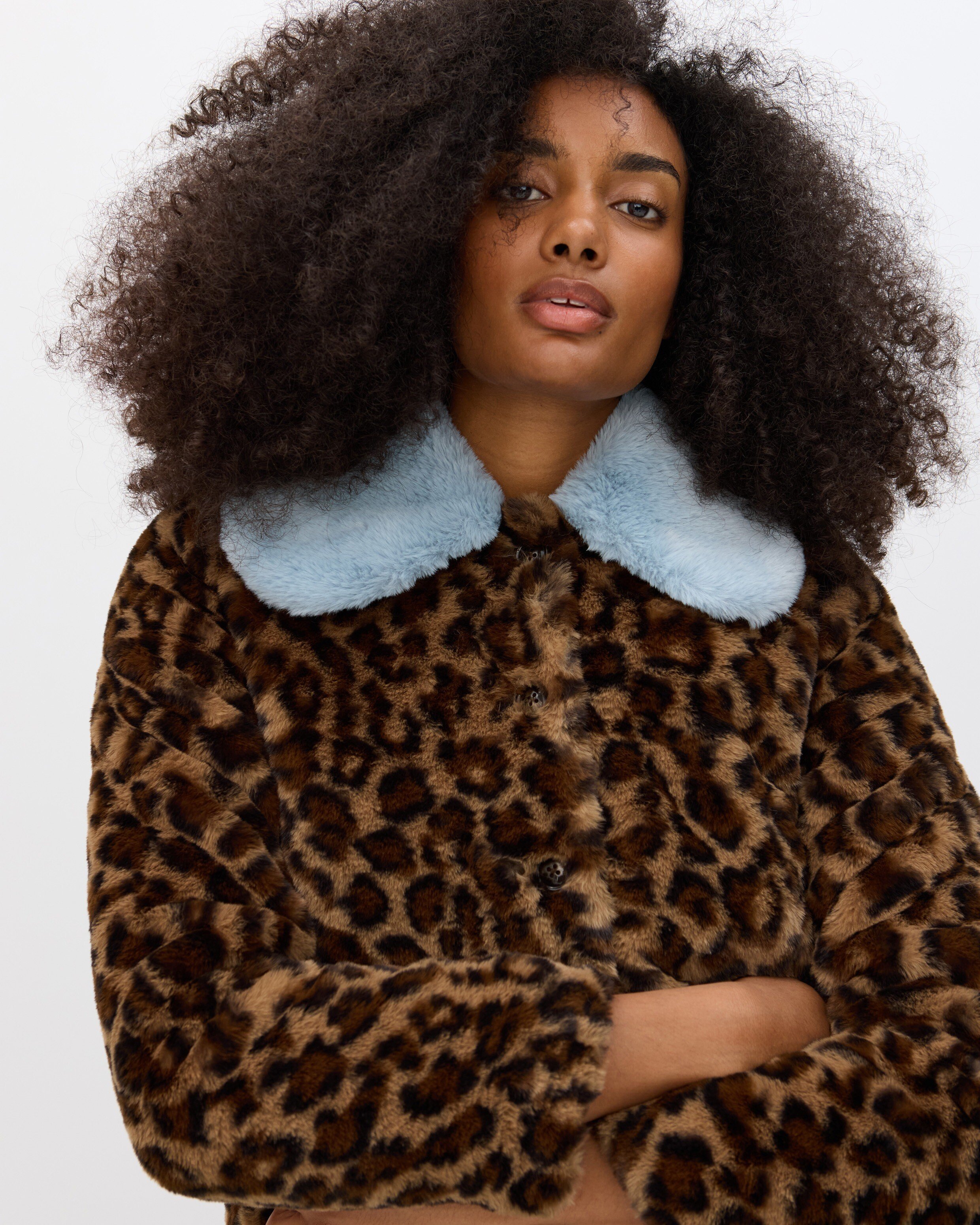 レオーネ Brown Leopard Print Contrast Collar Faux Fur Coat | Oliver Bonas