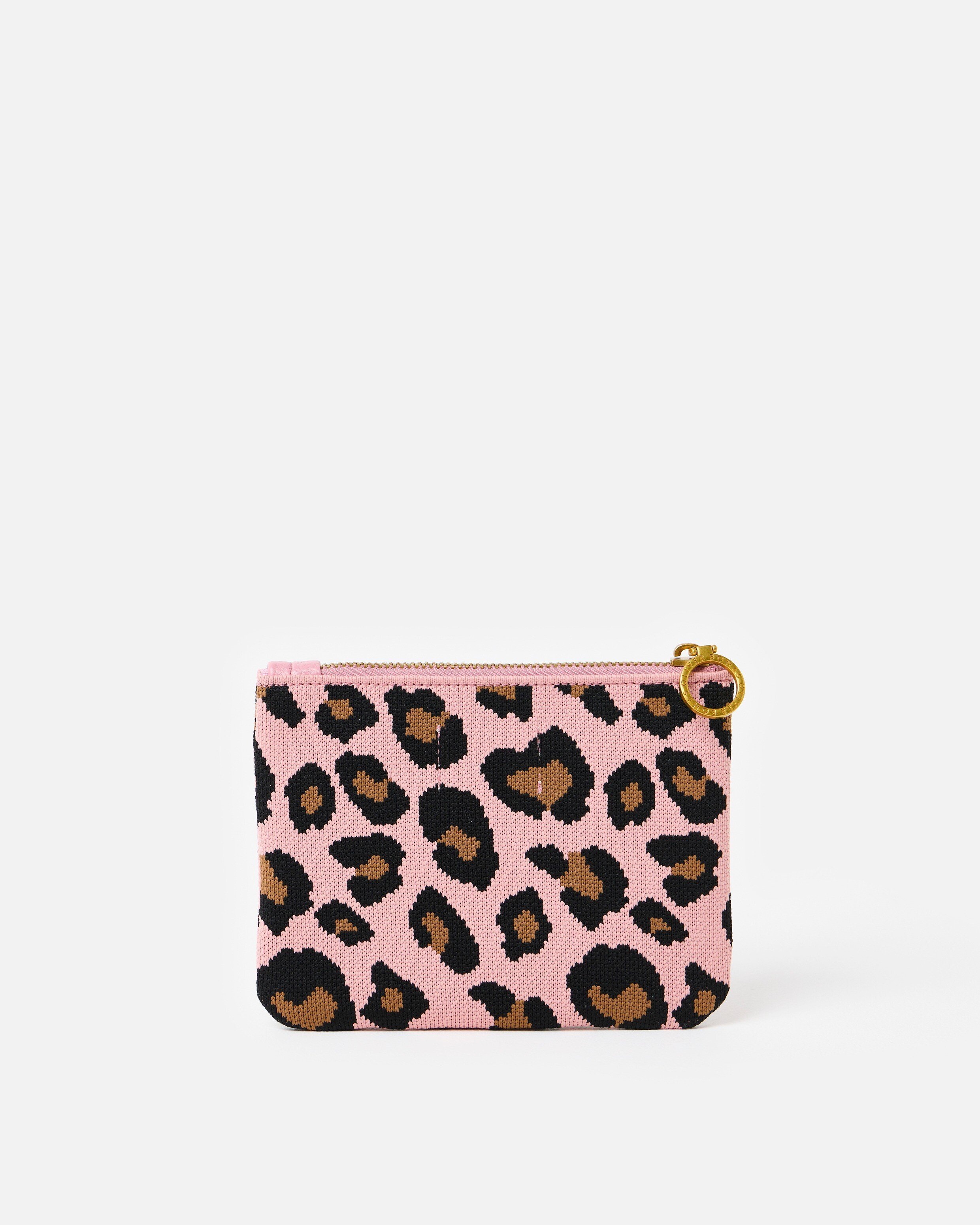 Light Pink & Brown Leopard Print Knitted Zipped Pouch | Oliver Bonas