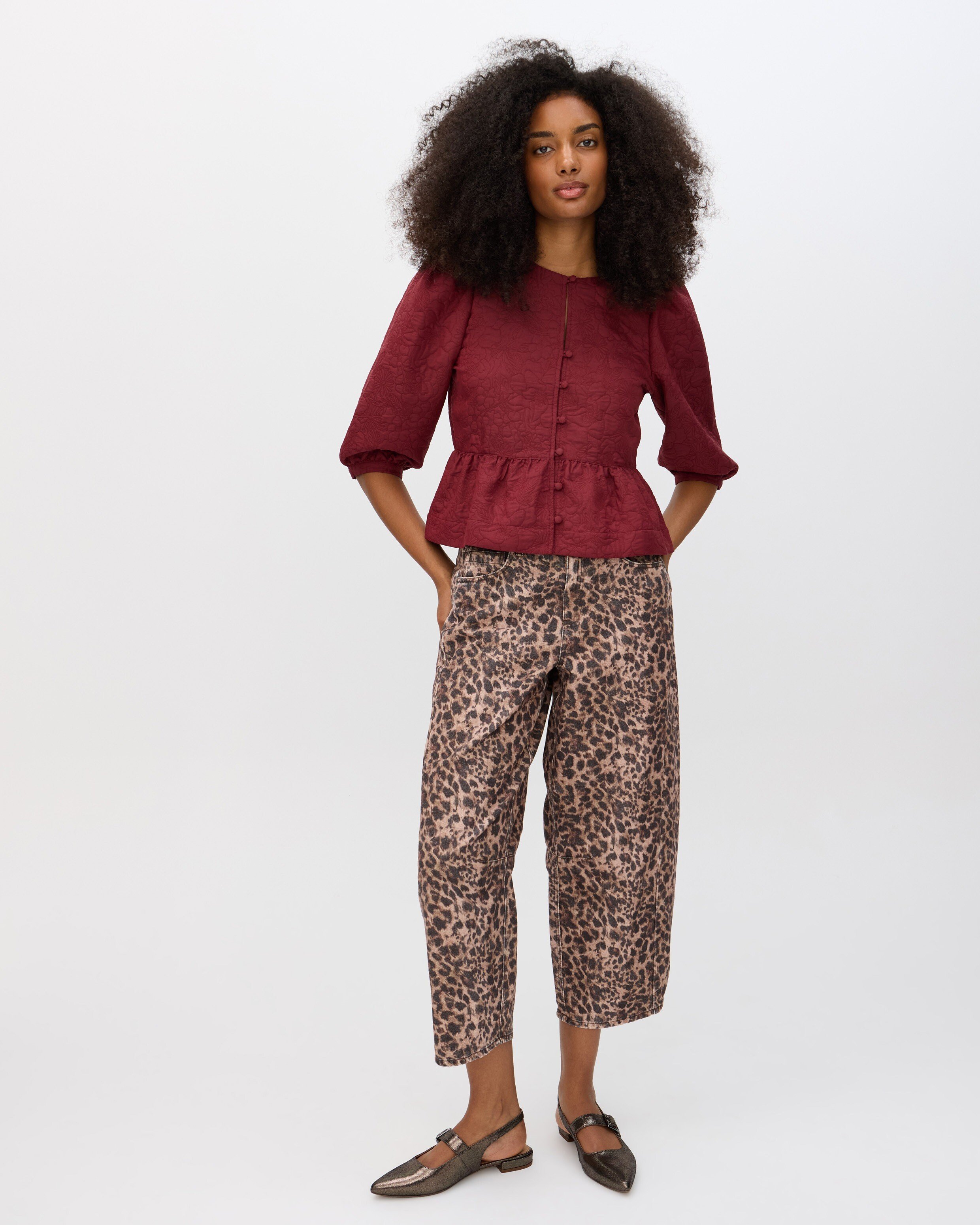 Burgundy Floral Jacquard Peplum Puff Sleeve Top | Oliver Bonas