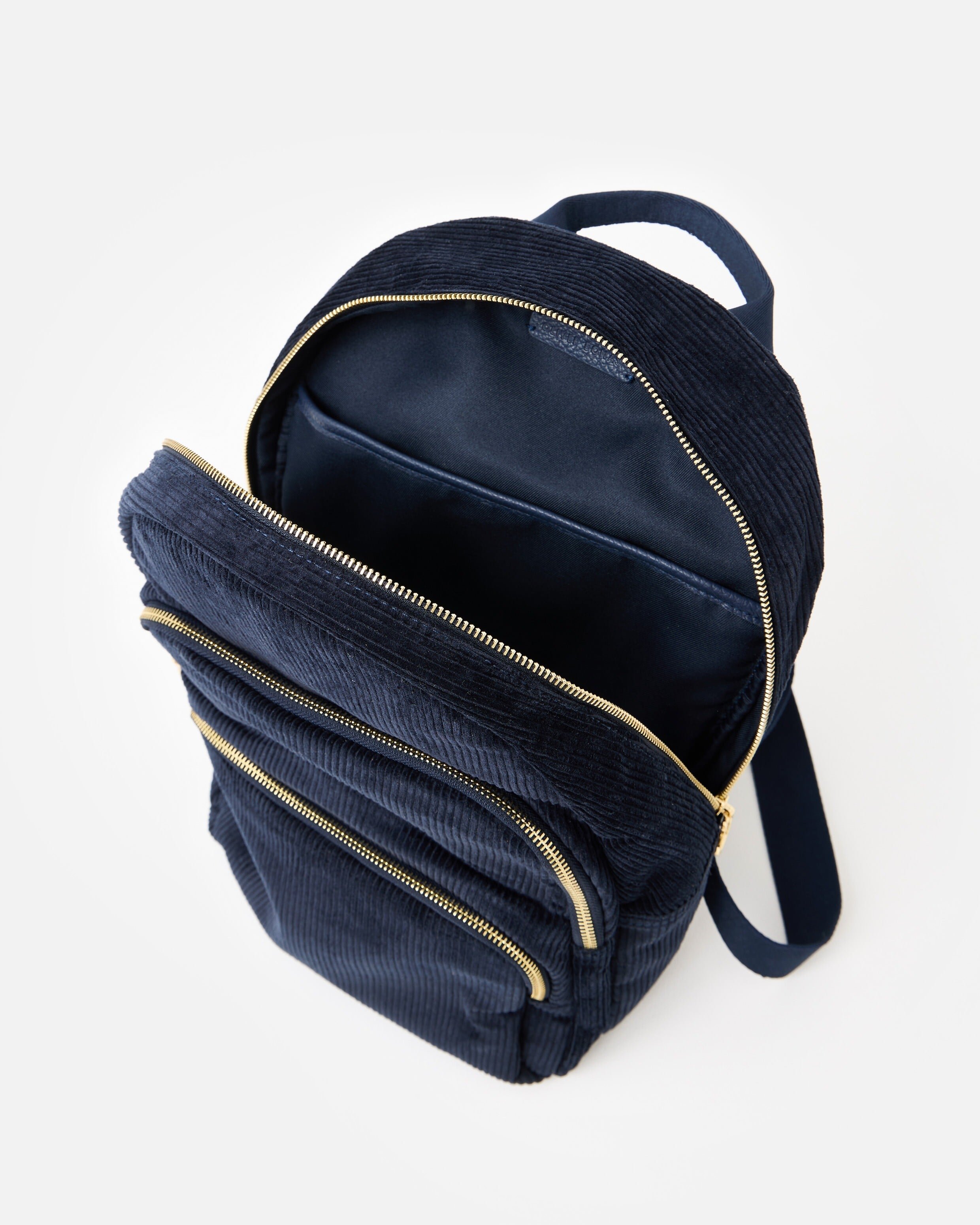 Harper Navy Blue Corduroy Triple Zip Backpack | Oliver Bonas
