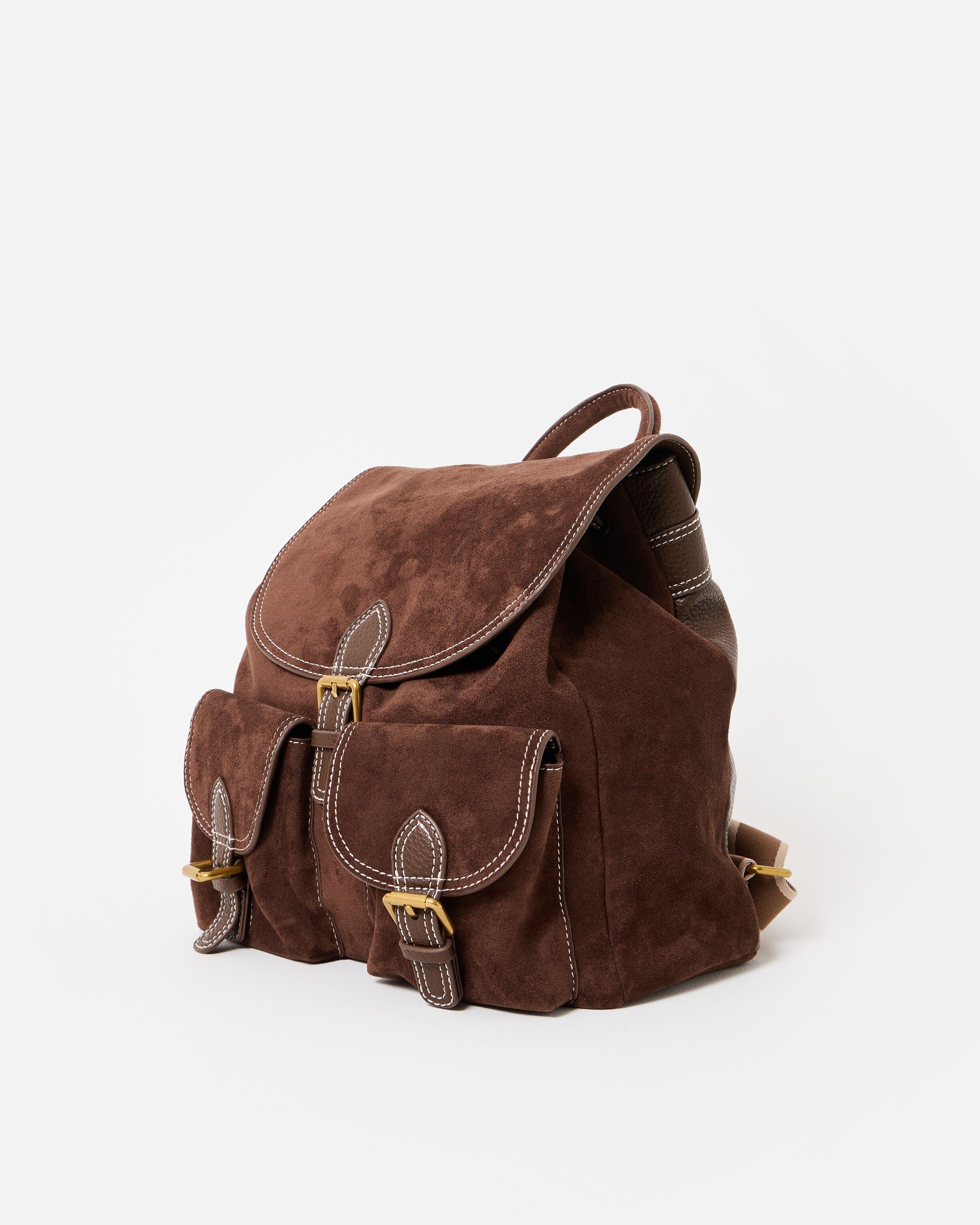 Kerry Chocolate Brown Faux Suede Buckle Backpack | Oliver Bonas