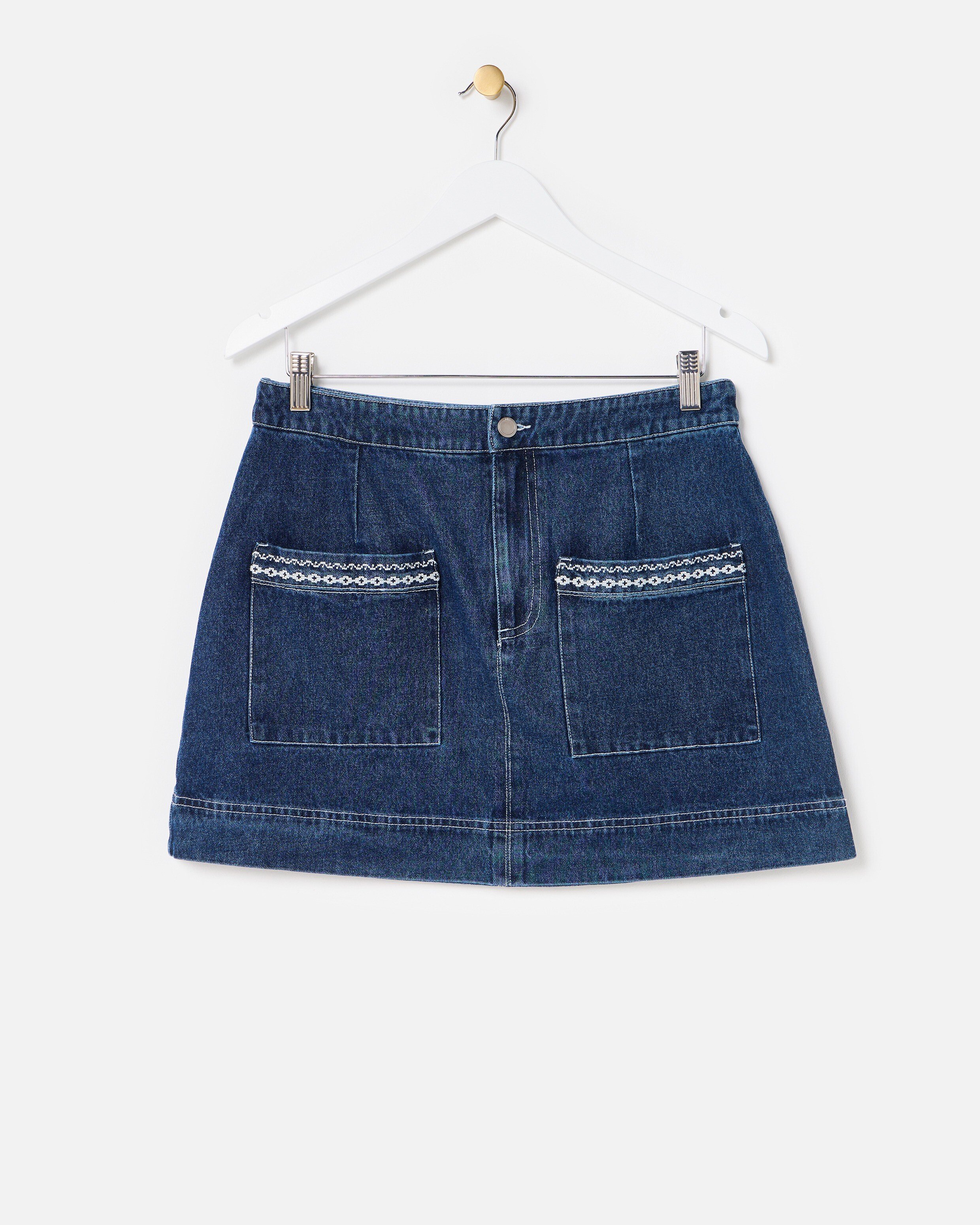Dark Blue Denim Embroidered Pocket Mini Skirt | Oliver Bonas