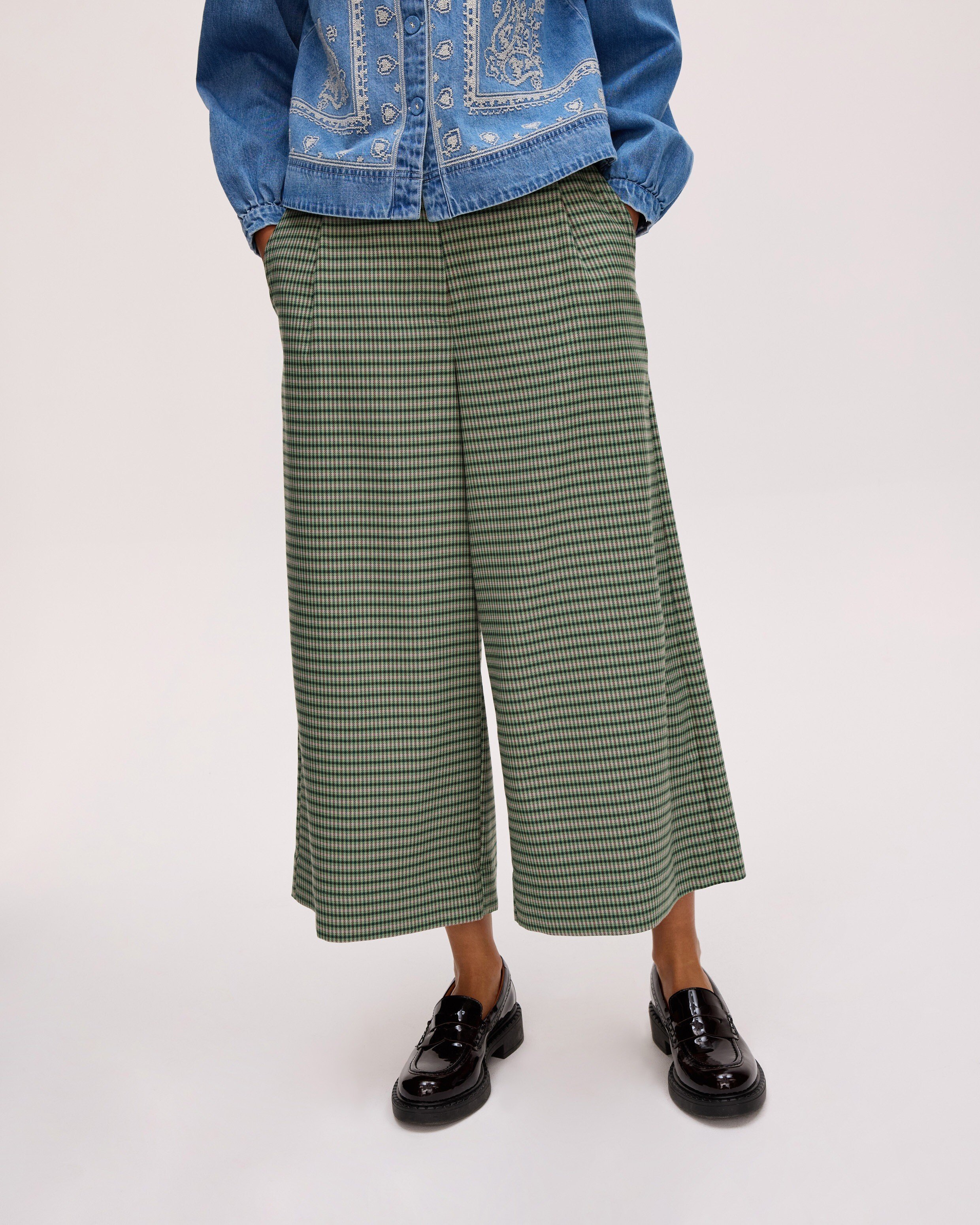 Green Checked Cropped Wide Leg Trousers Oliver Bonas IE