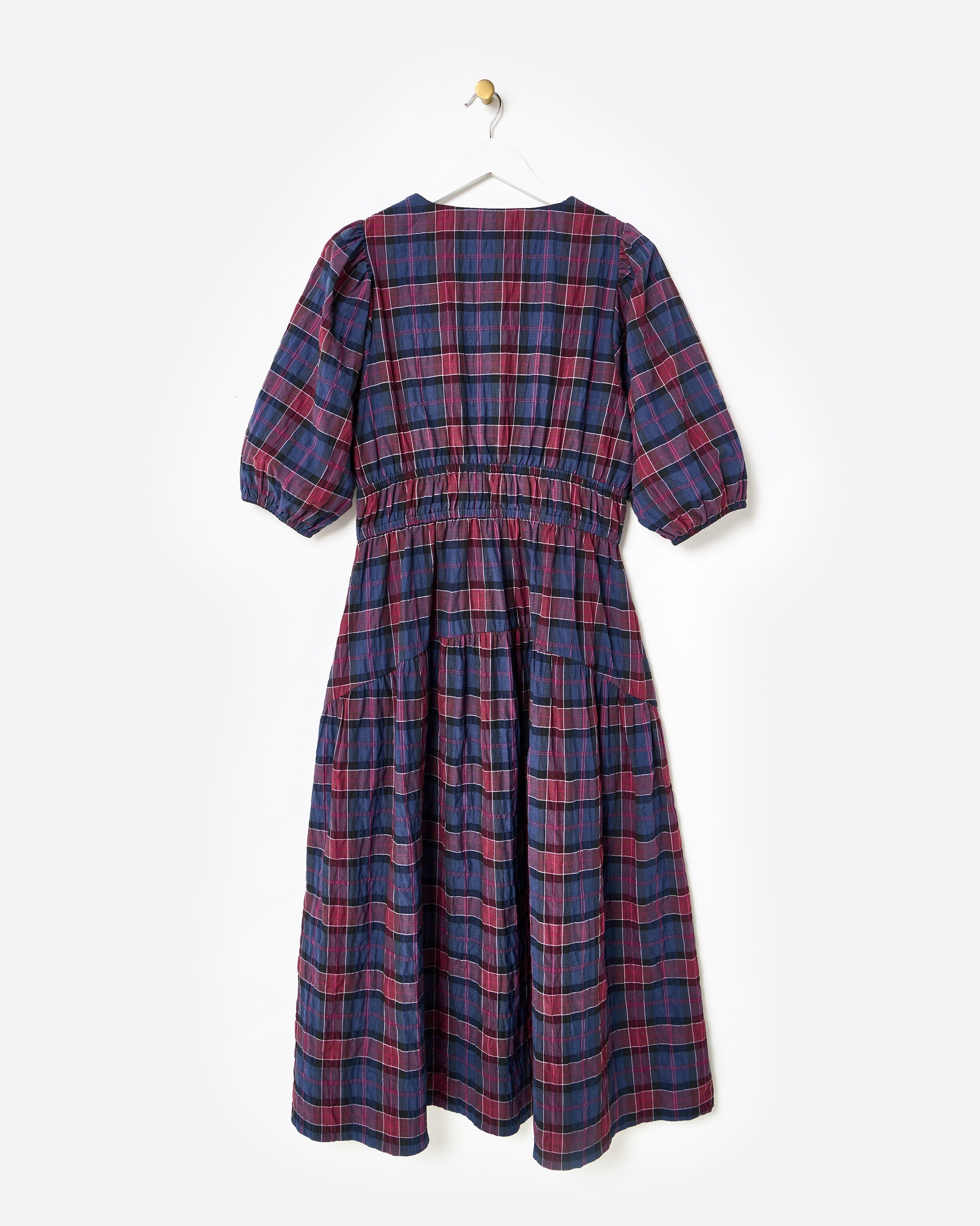 Blue & Red Checked V-Neck Puff Sleeve Midi Dress | Oliver Bonas