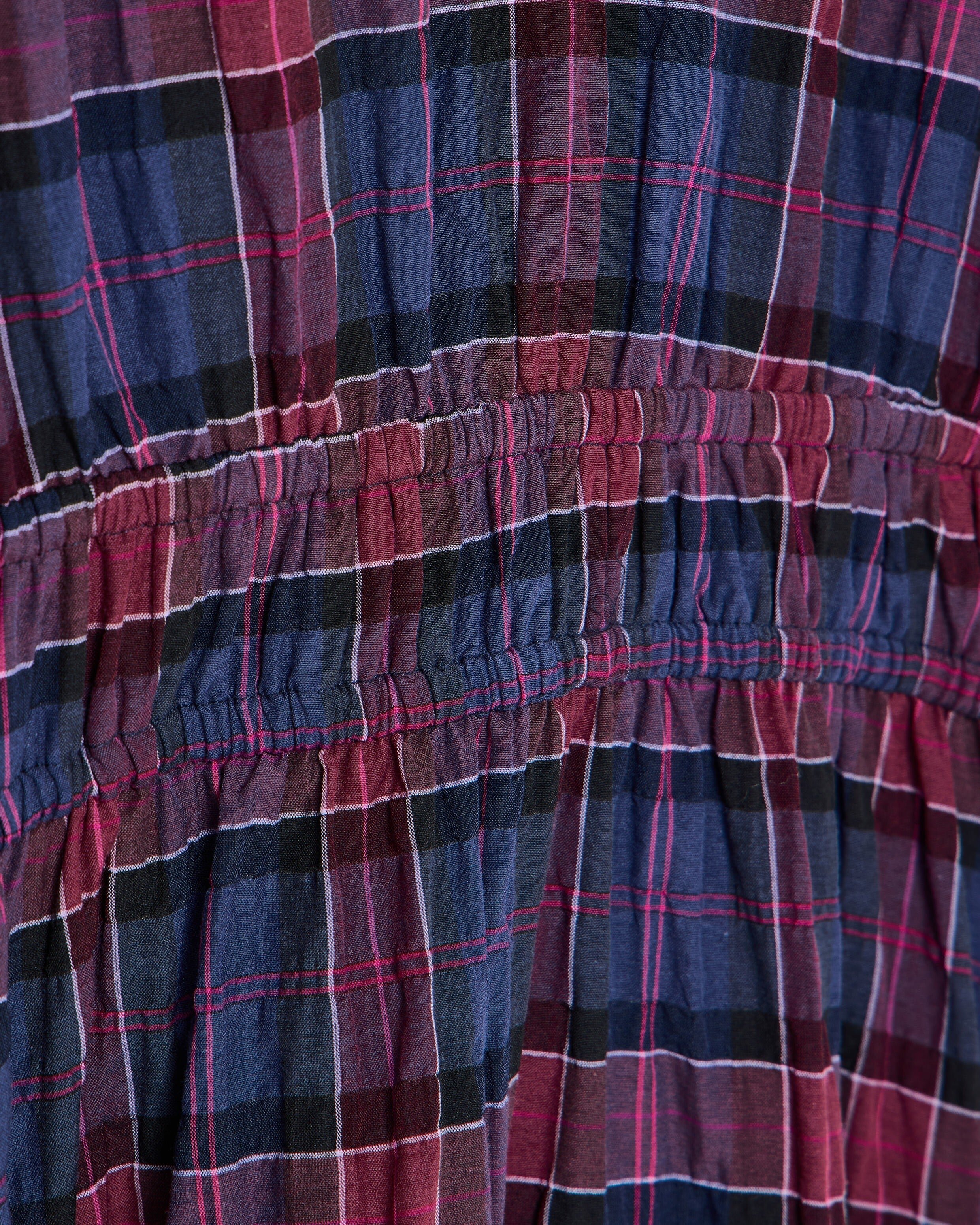 Blue & Red Checked V-Neck Puff Sleeve Midi Dress | Oliver Bonas