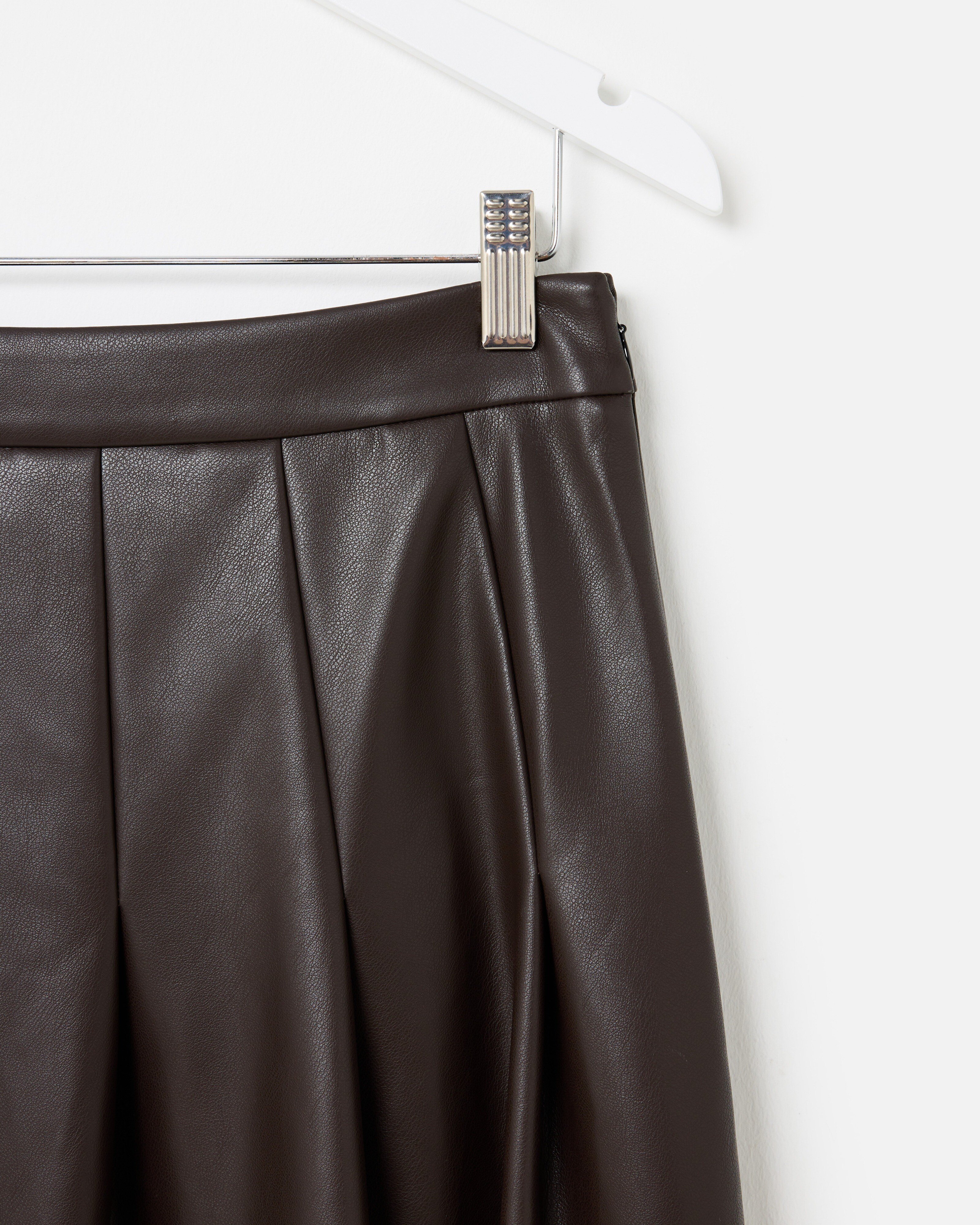 Chocolate Brown Faux Leather Pleated Midi Skirt | Oliver Bonas