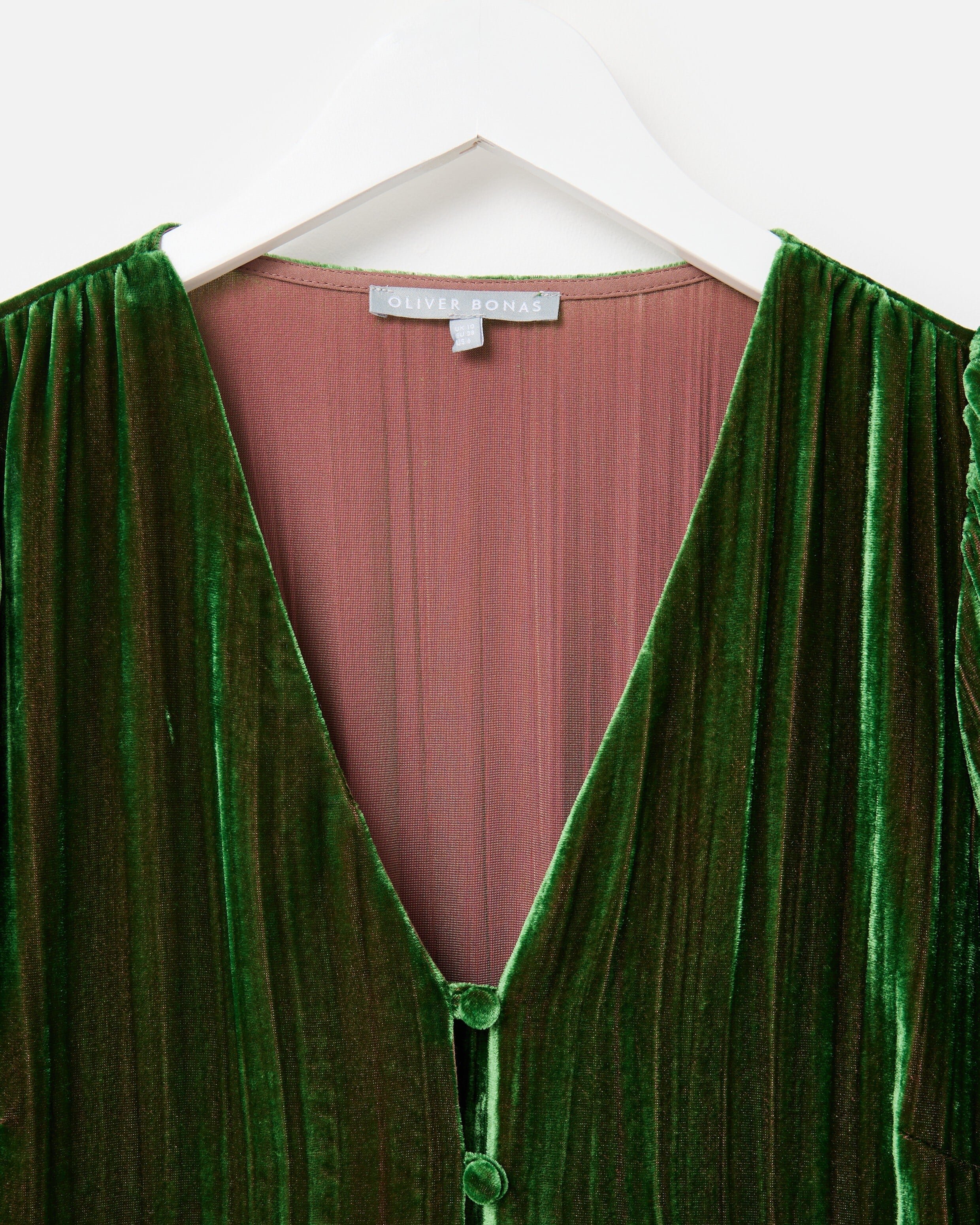 Green Velvet V-Neck Puff Sleeve Midi Dress | Oliver Bonas