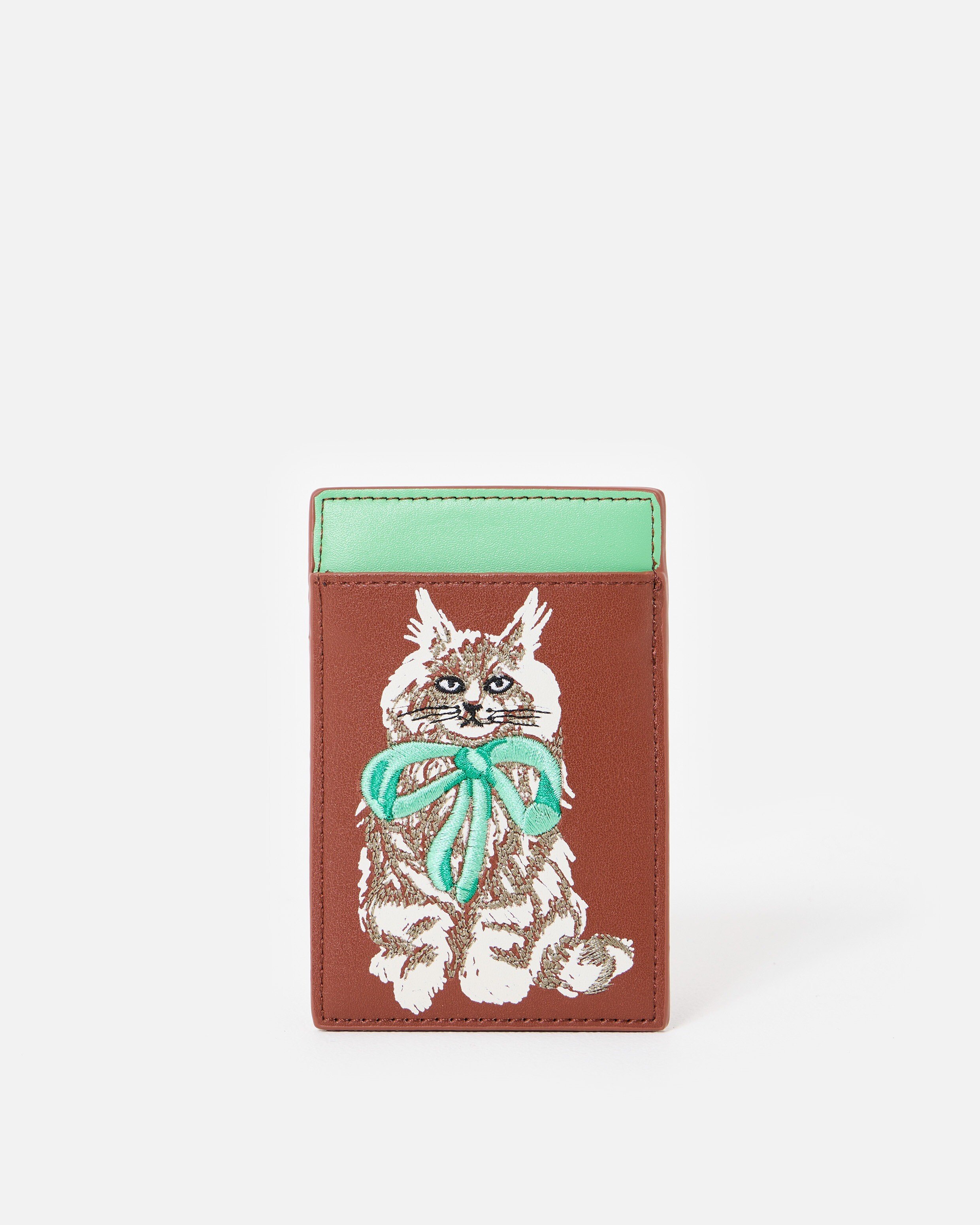 Brown & Green Cat Embroidered Card Holder | Oliver Bonas