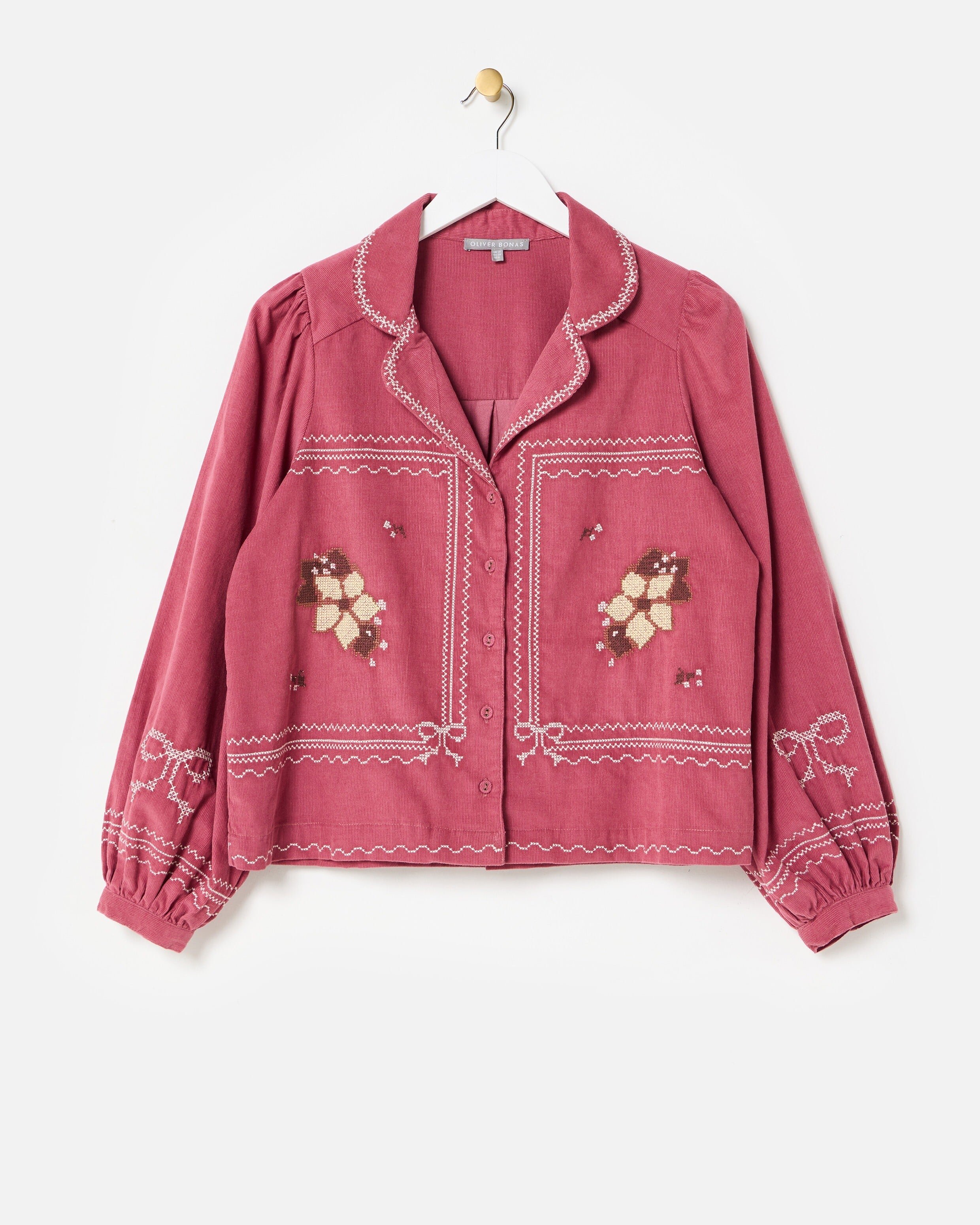Pink Corduroy Floral Cross Stitch Embroidered Shirt | Oliver Bonas