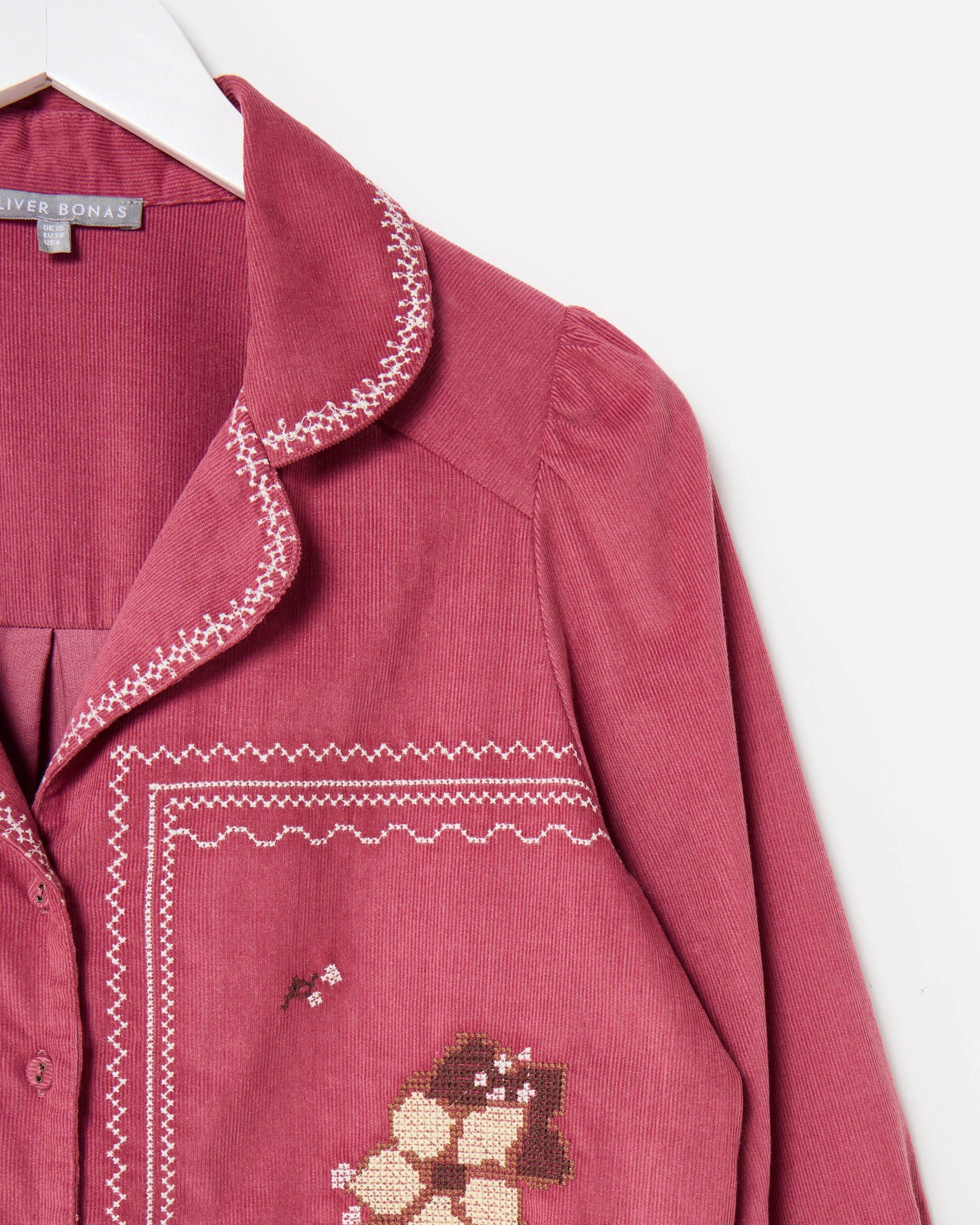 Pink Corduroy Floral Cross Stitch Embroidered Shirt | Oliver Bonas