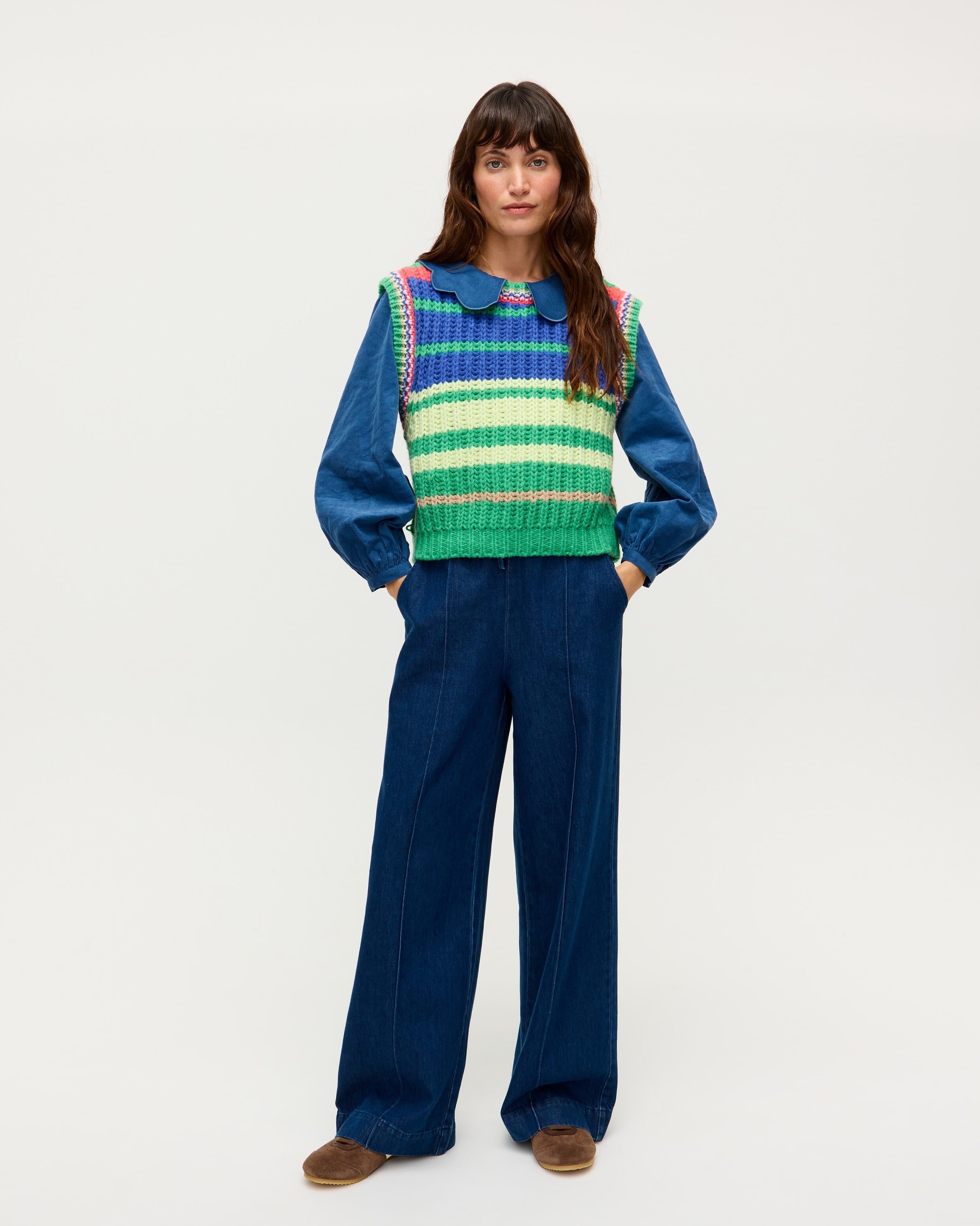 Blue & Green Striped Chunky Knitted Tank Top