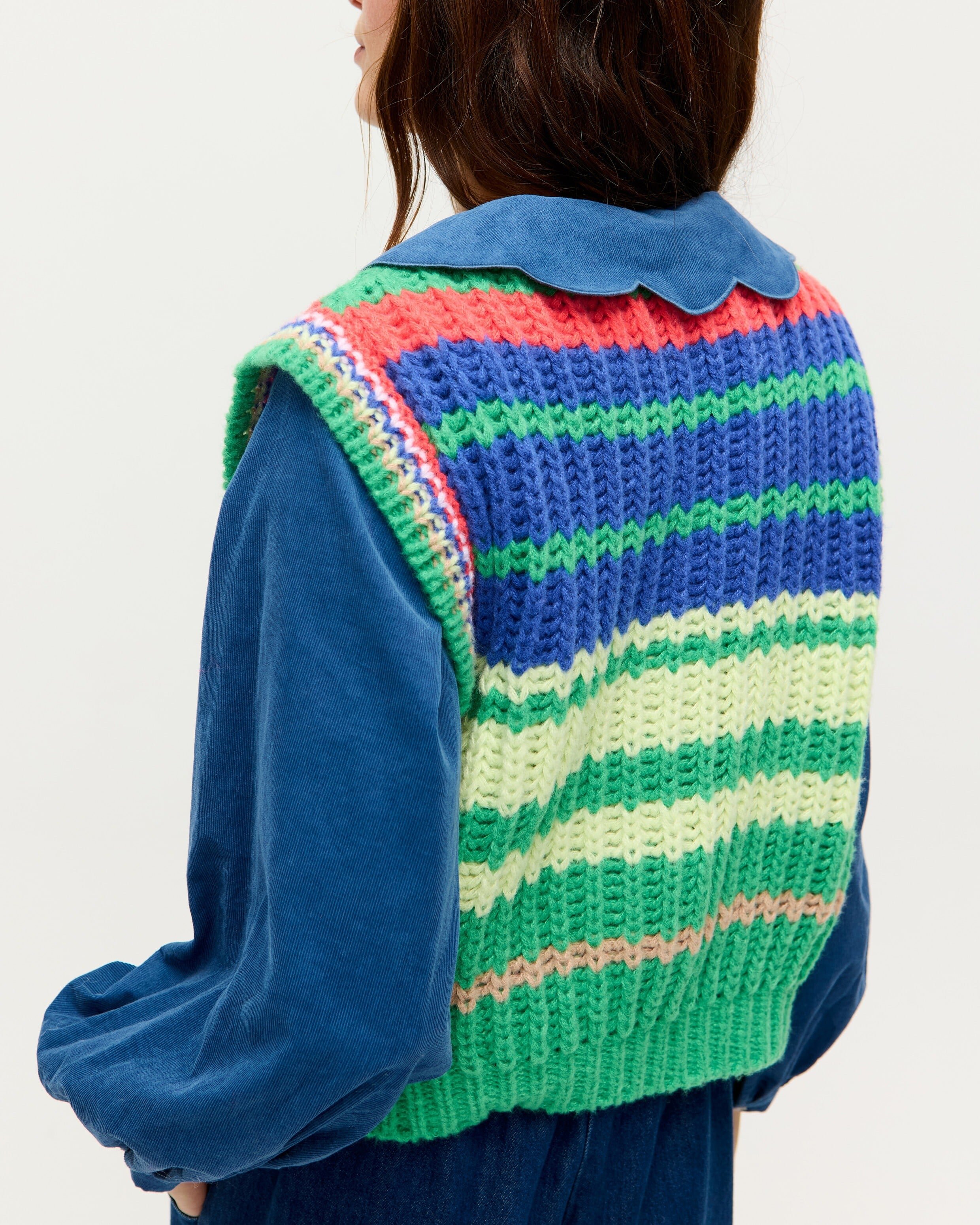 Blue & Green Striped Chunky Knitted Tank Top