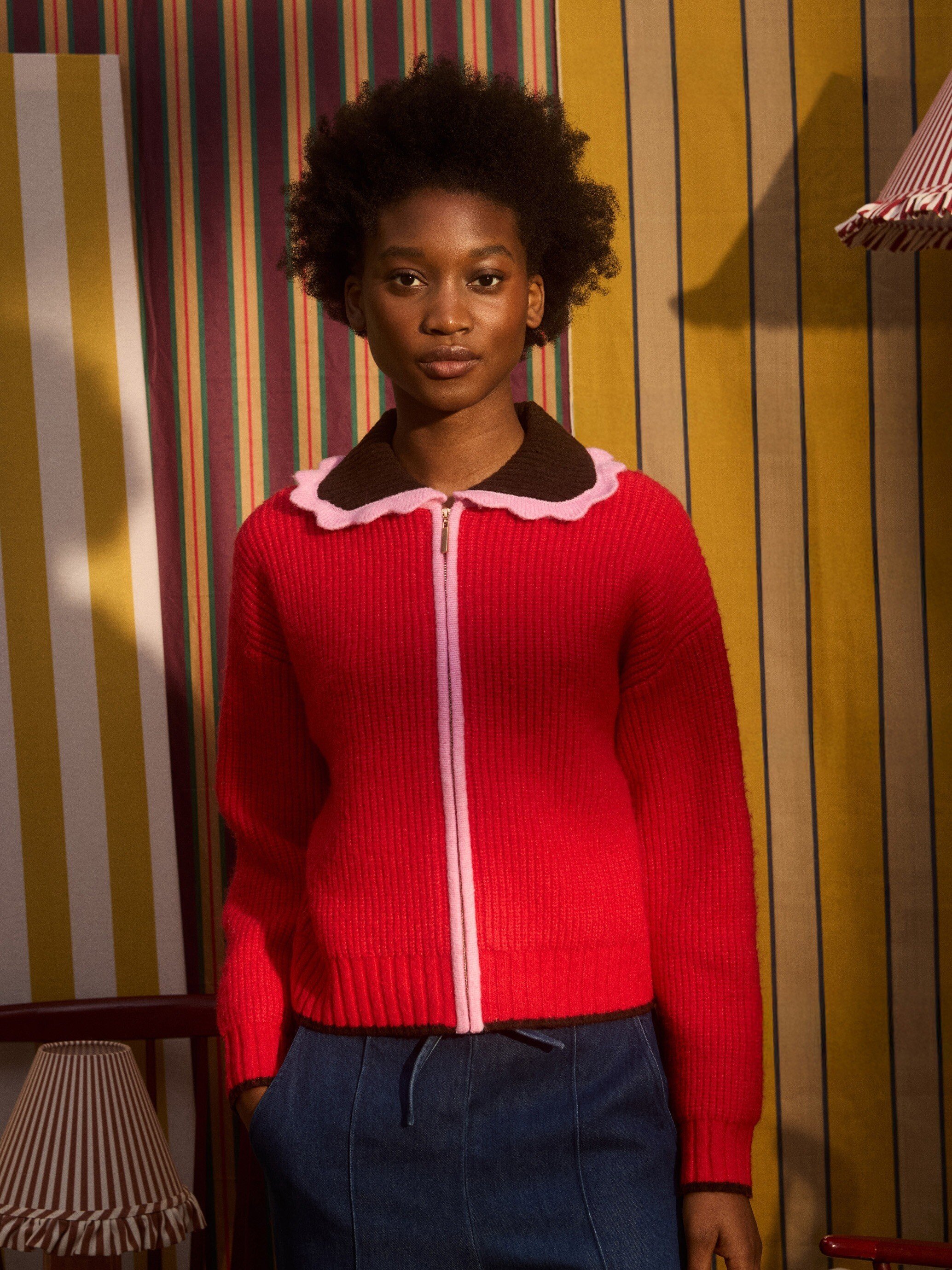 Red Scalloped Collar Zip Up Knitted Bomber Jacket | Oliver Bonas