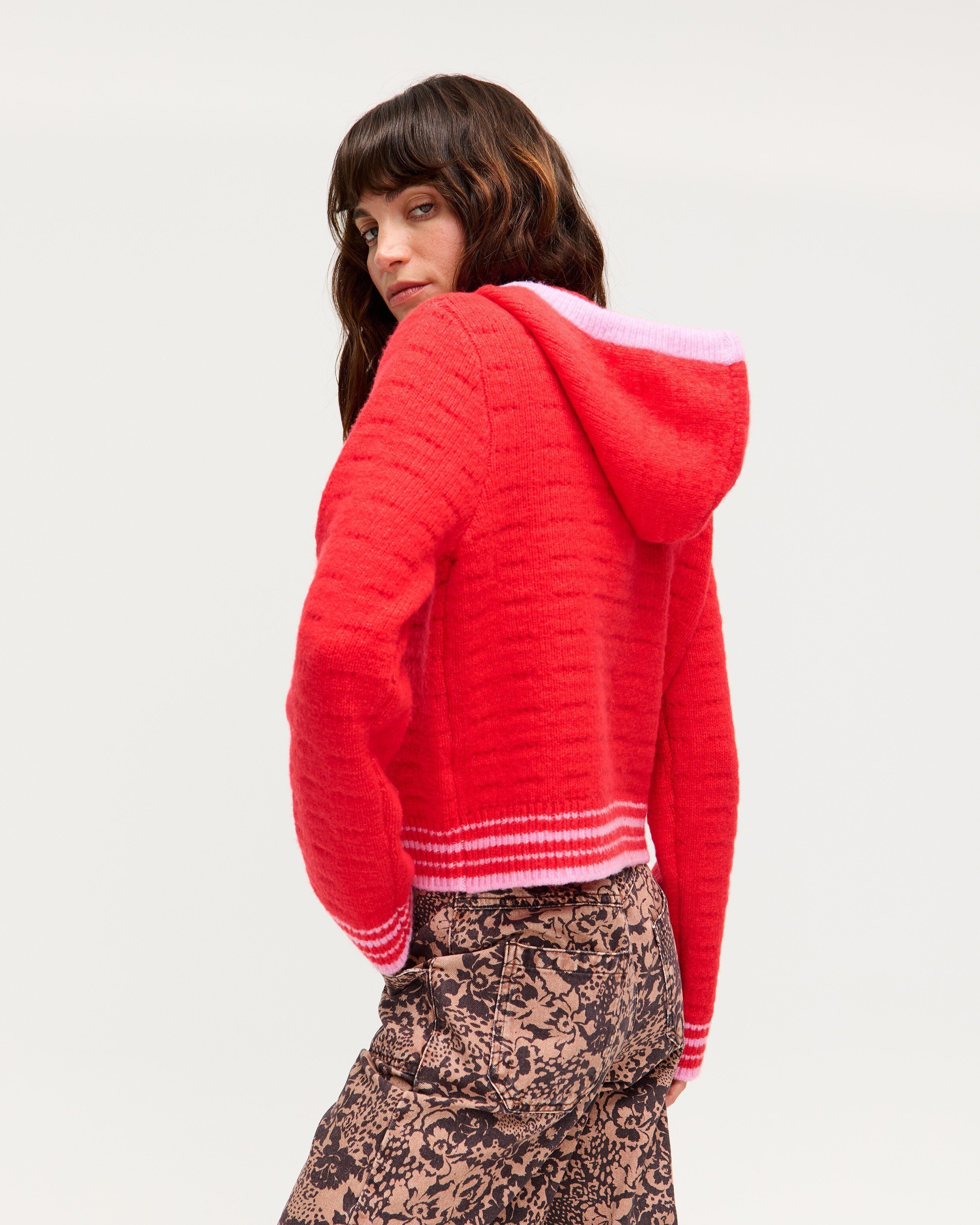Red Hooded Button Up Knitted Cardigan | Oliver Bonas